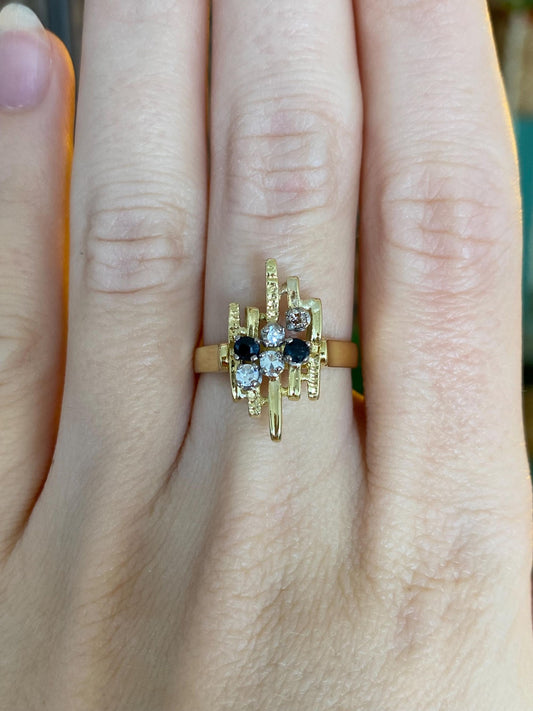 Solid 18k Yellow Gold Clear Sapphire Blue Spinel Geometric Ring - Size 6.75