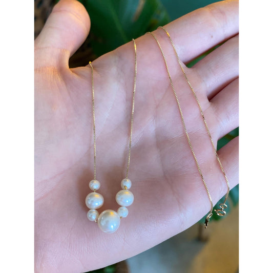 Vintage Solid 14k Yellow Gold Pearl Dainty Box Chain Necklace - 16.75 inches