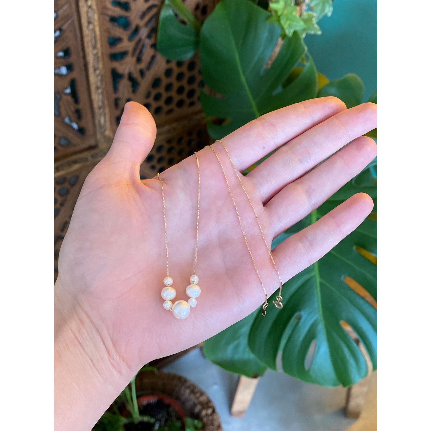 Vintage Solid 14k Yellow Gold Pearl Dainty Box Chain Necklace - 16.75 inches