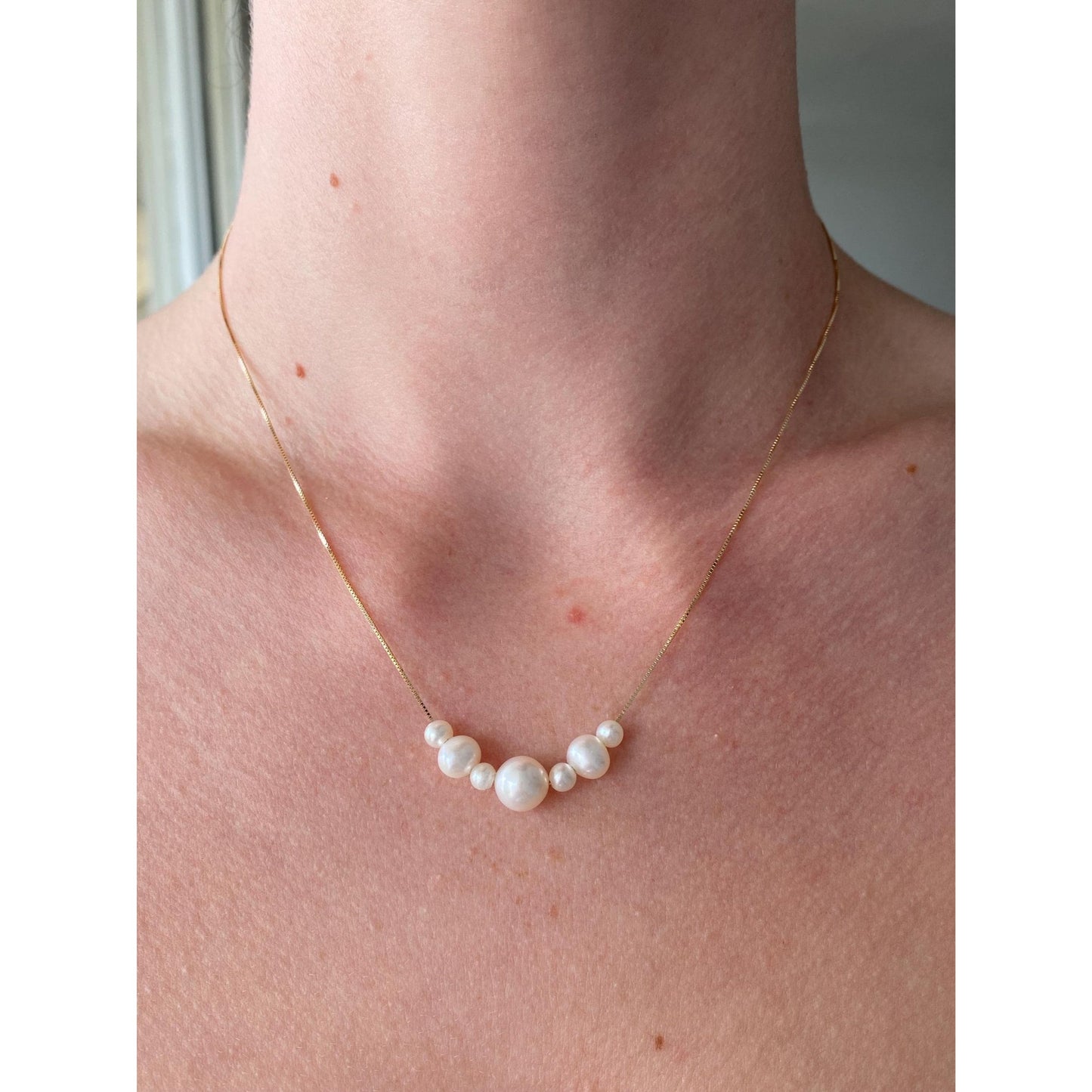 Vintage Solid 14k Yellow Gold Pearl Dainty Box Chain Necklace - 16.75 inches