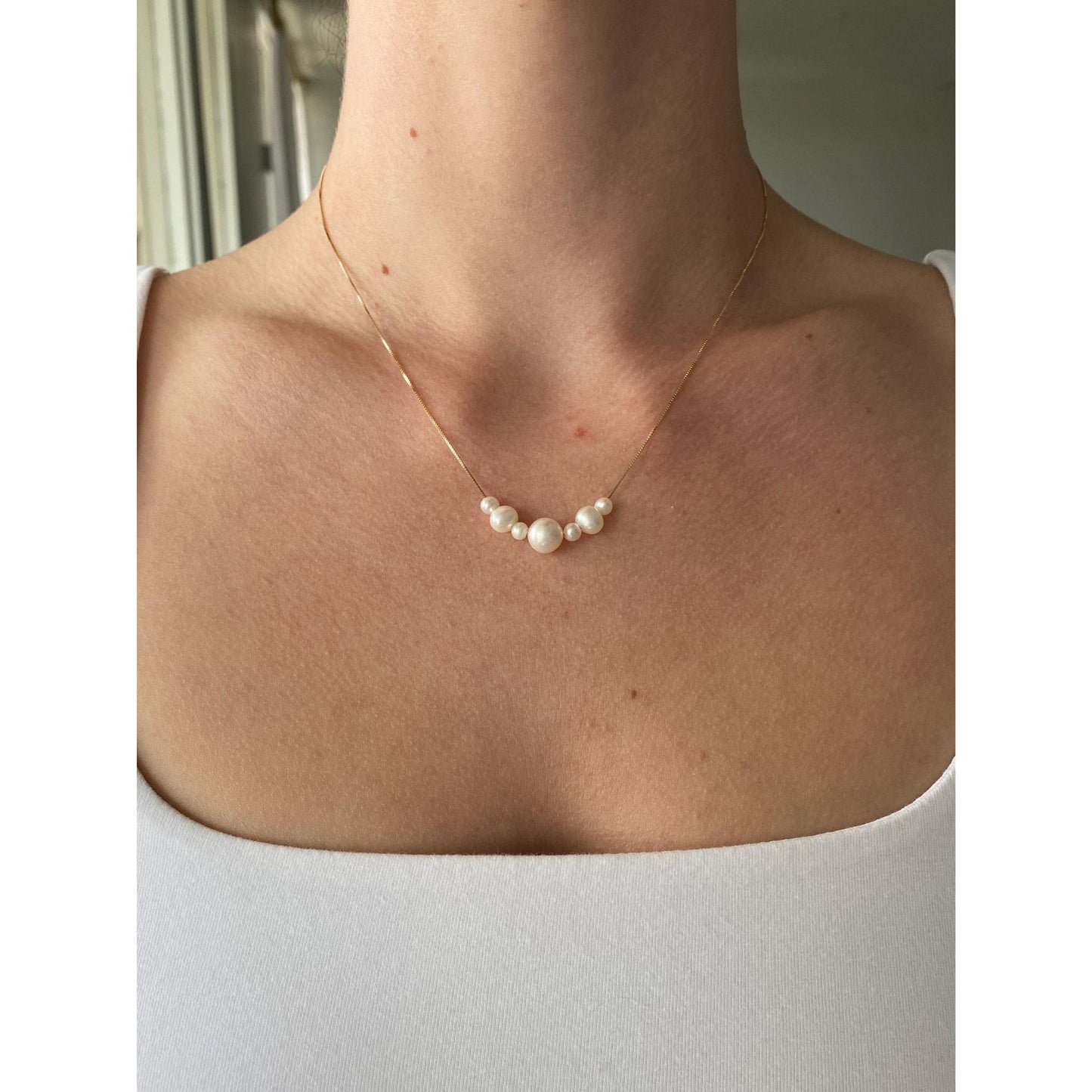 Vintage Solid 14k Yellow Gold Pearl Dainty Box Chain Necklace - 16.75 inches