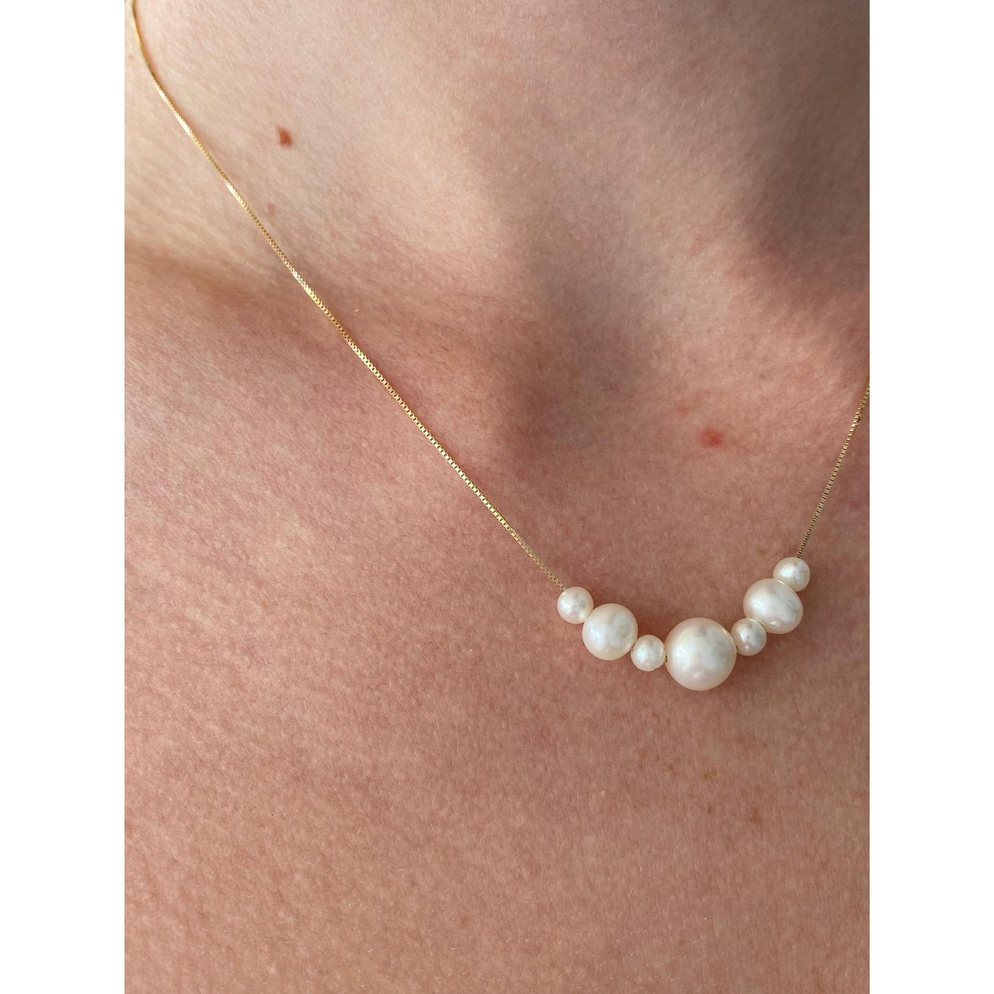 Vintage Solid 14k Yellow Gold Pearl Dainty Box Chain Necklace - 16.75 inches