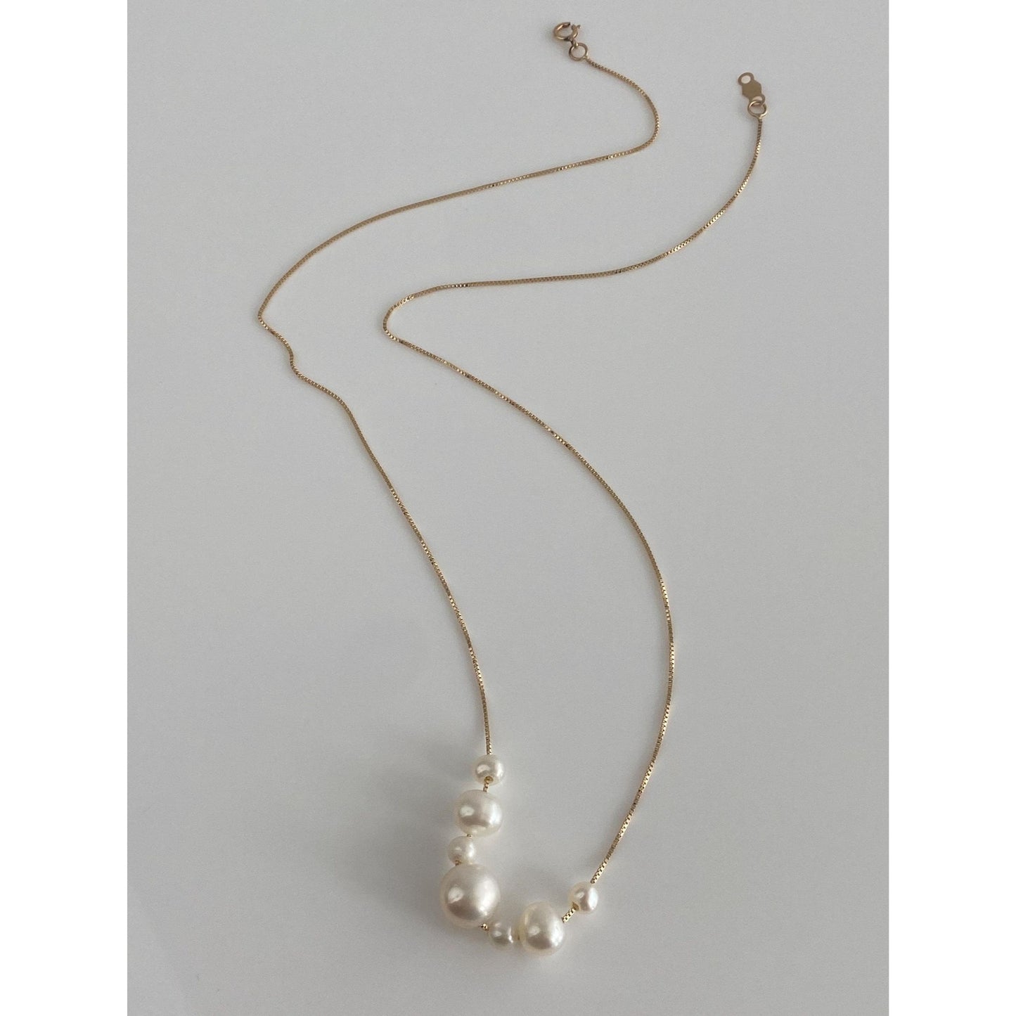 Vintage Solid 14k Yellow Gold Pearl Dainty Box Chain Necklace - 16.75 inches