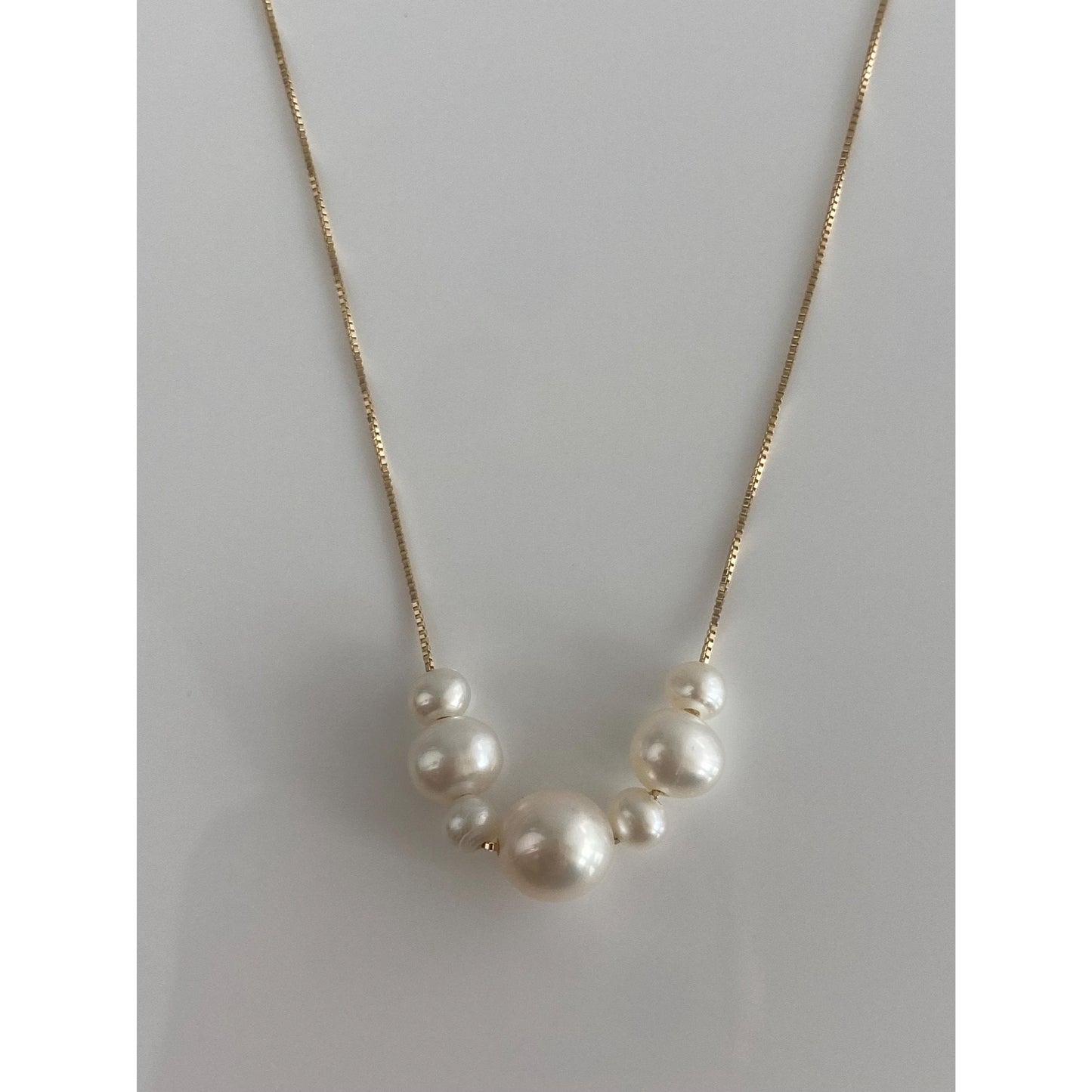 Vintage Solid 14k Yellow Gold Pearl Dainty Box Chain Necklace - 16.75 inches