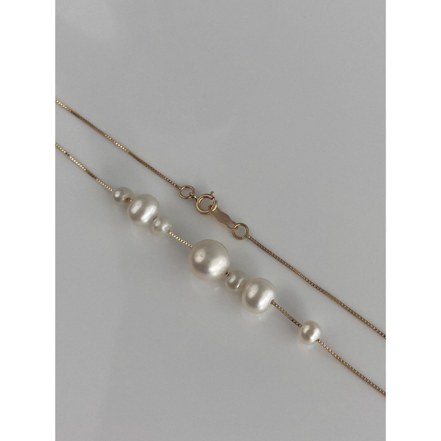 Vintage Solid 14k Yellow Gold Pearl Dainty Box Chain Necklace - 16.75 inches