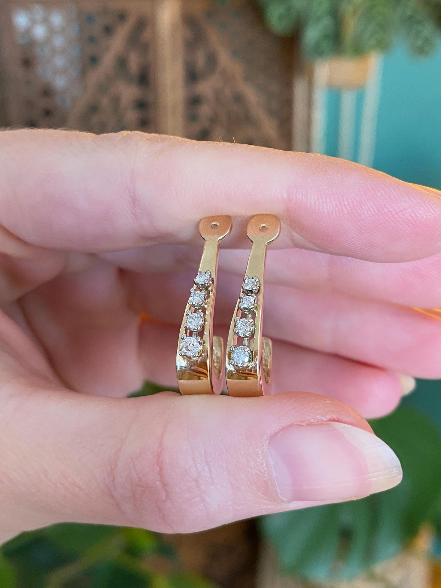 Vintage Solid 14k Yellow Gold Diamond Hoop Earring Jackets