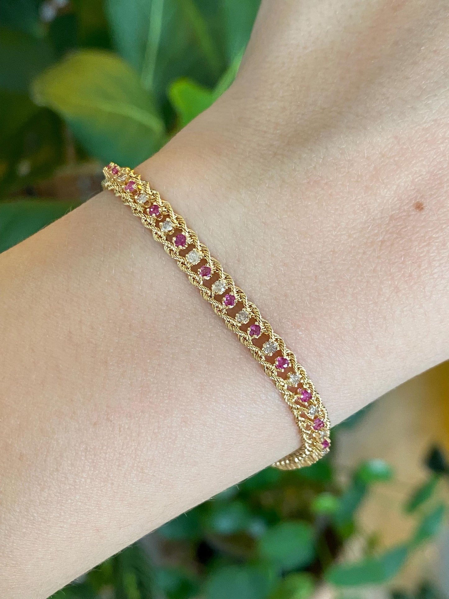 Vintage 14k Yellow Gold Pink & Clear Sapphire Rope Chain Bracelet - 7 inches