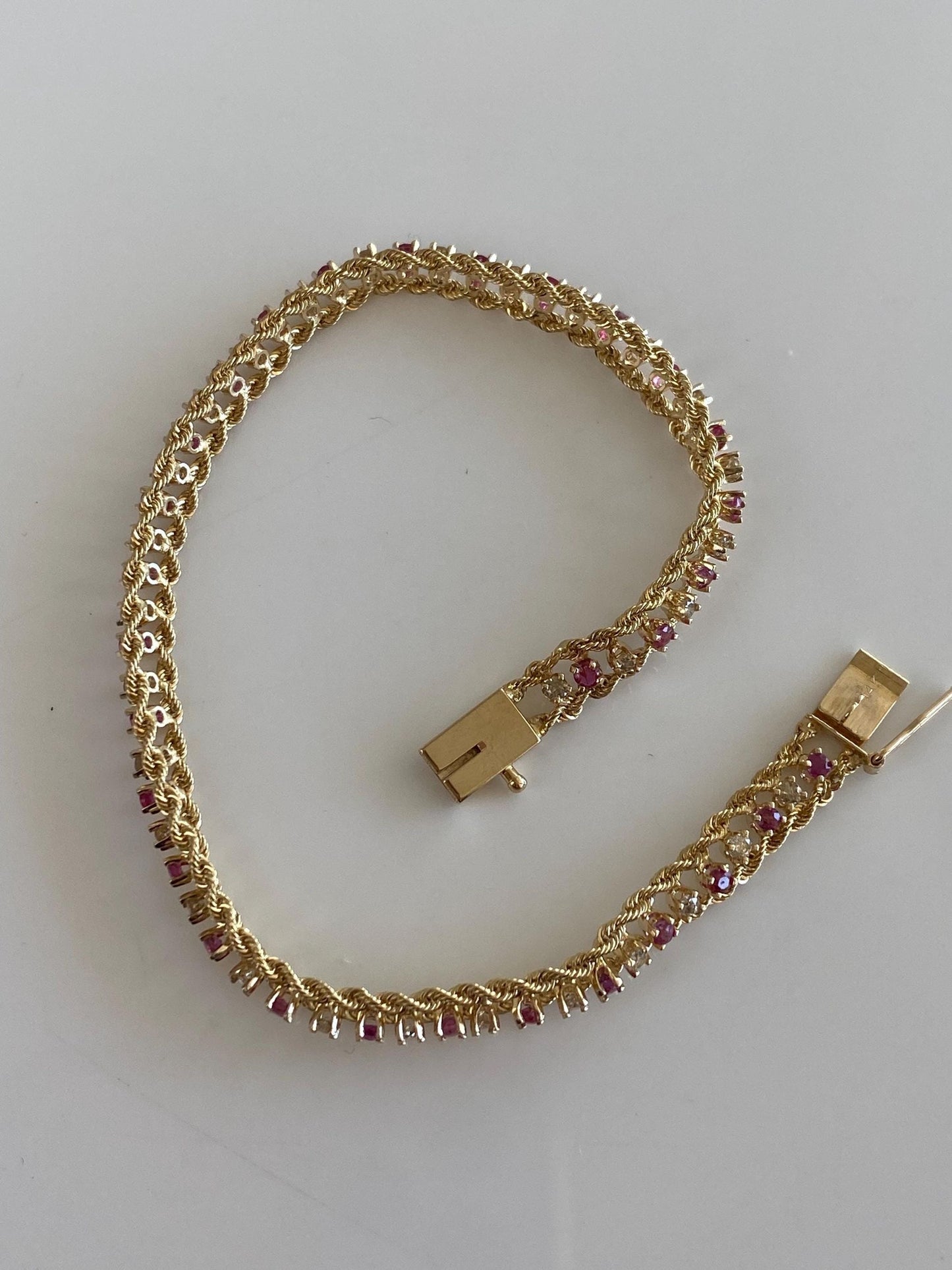 Vintage 14k Yellow Gold Pink & Clear Sapphire Rope Chain Bracelet - 7 inches