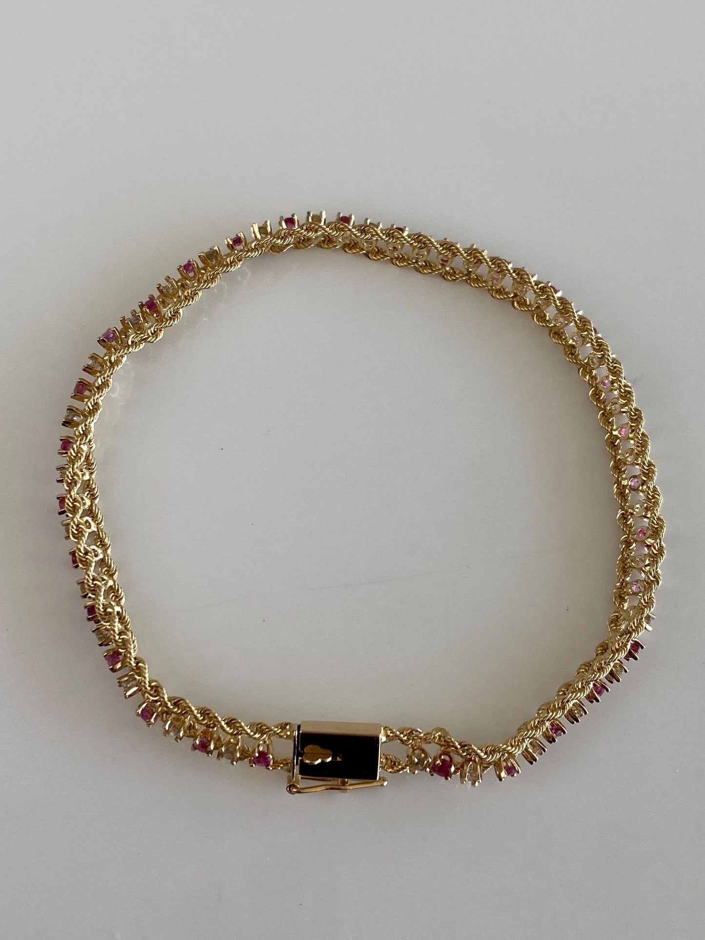 Vintage 14k Yellow Gold Pink & Clear Sapphire Rope Chain Bracelet - 7 inches