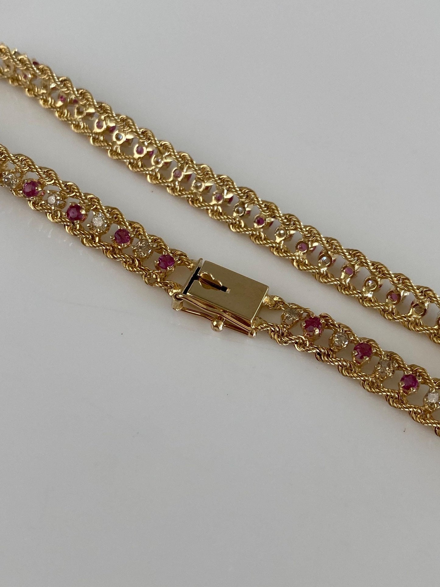 Vintage 14k Yellow Gold Pink & Clear Sapphire Rope Chain Bracelet - 7 inches