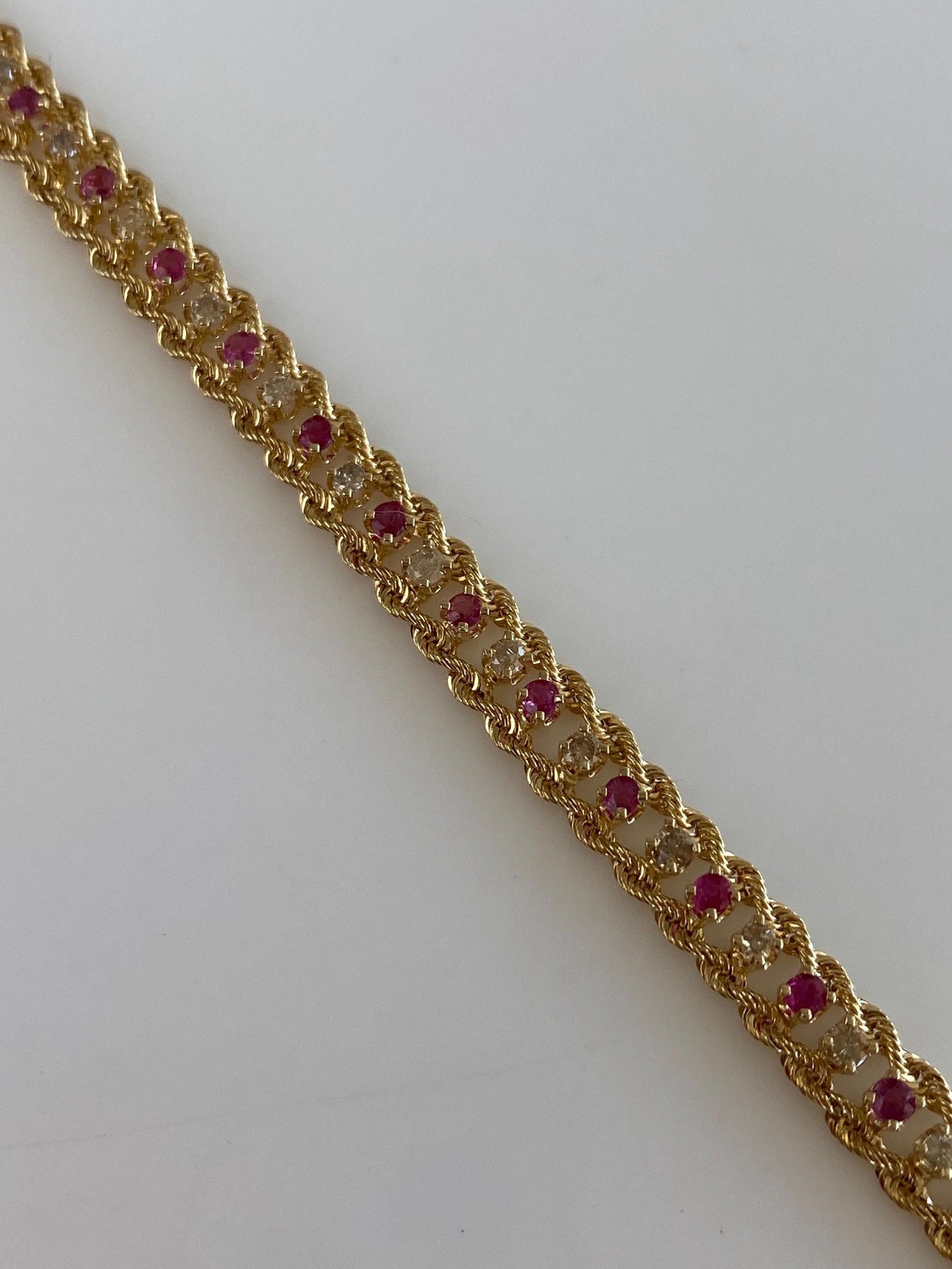 Vintage 14k Yellow Gold Pink & Clear Sapphire Rope Chain Bracelet - 7 inches