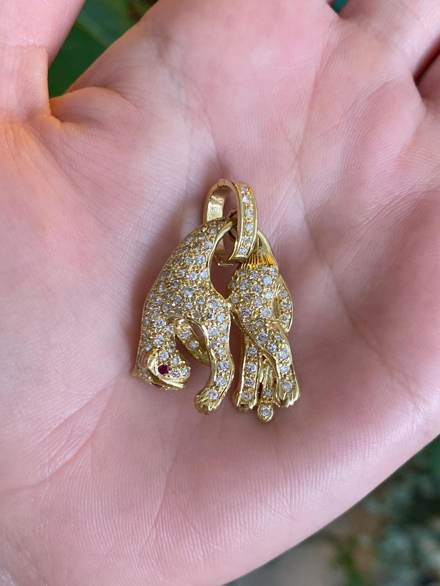 Vintage Solid 14k Yellow Gold Diamond Ruby Hanging Jaguar Charm