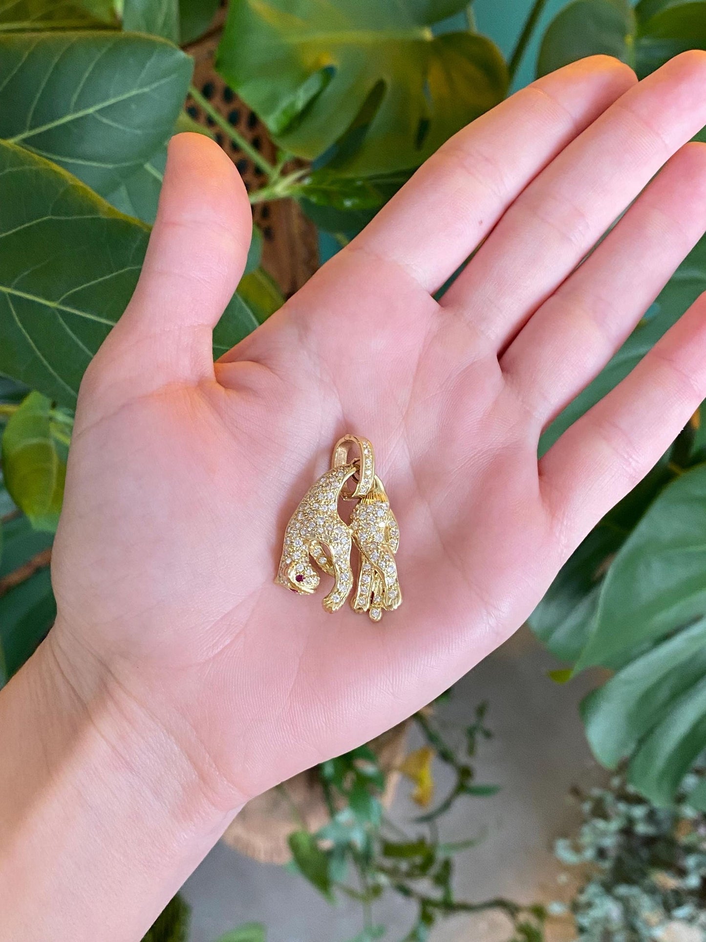 Vintage Solid 14k Yellow Gold Diamond Ruby Hanging Jaguar Charm