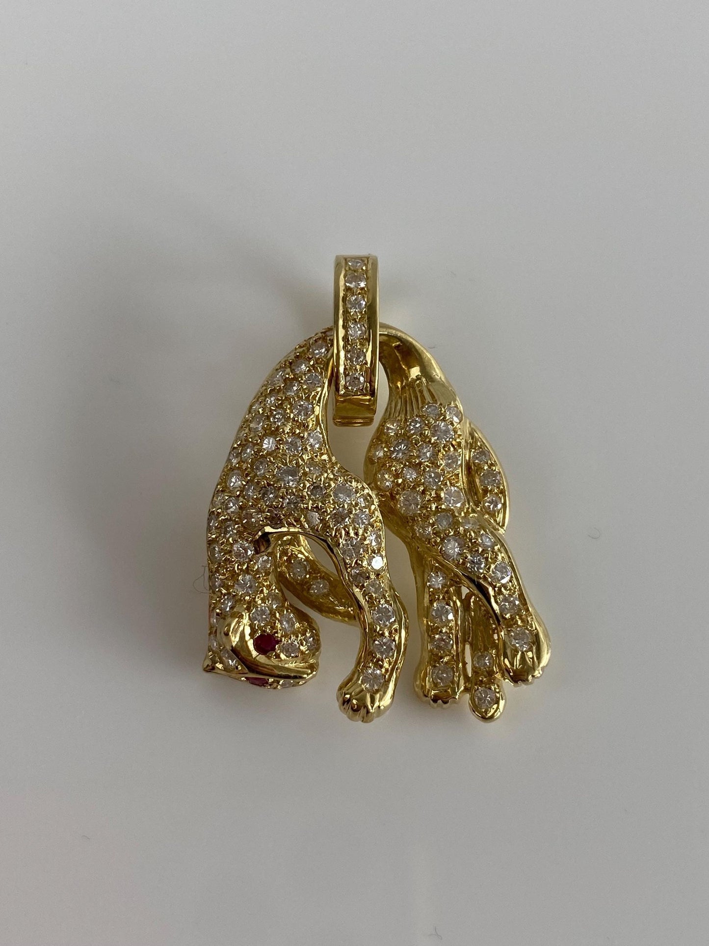Vintage Solid 14k Yellow Gold Diamond Ruby Hanging Jaguar Charm