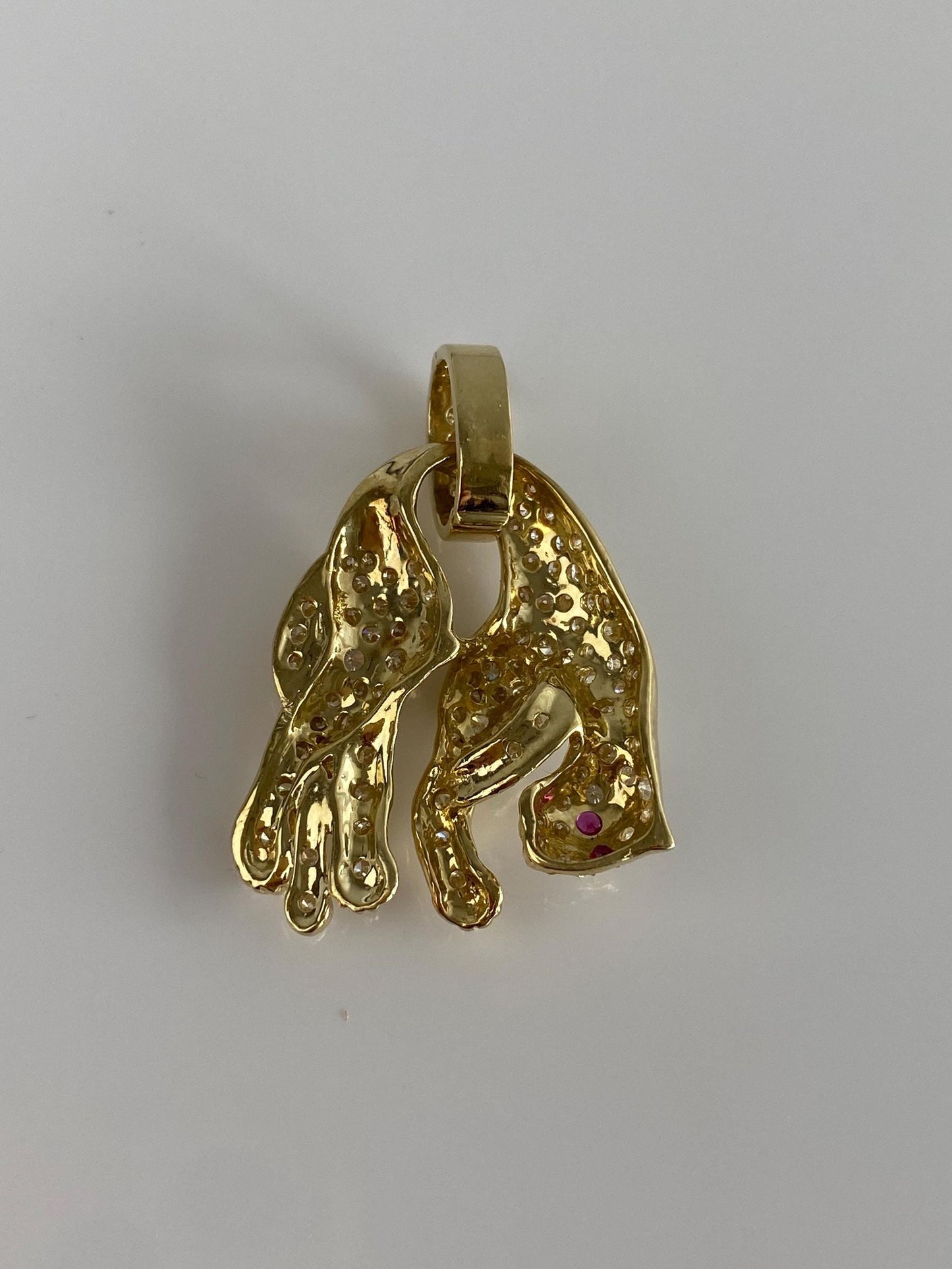 Vintage Solid 14k Yellow Gold Diamond Ruby Hanging Jaguar Charm
