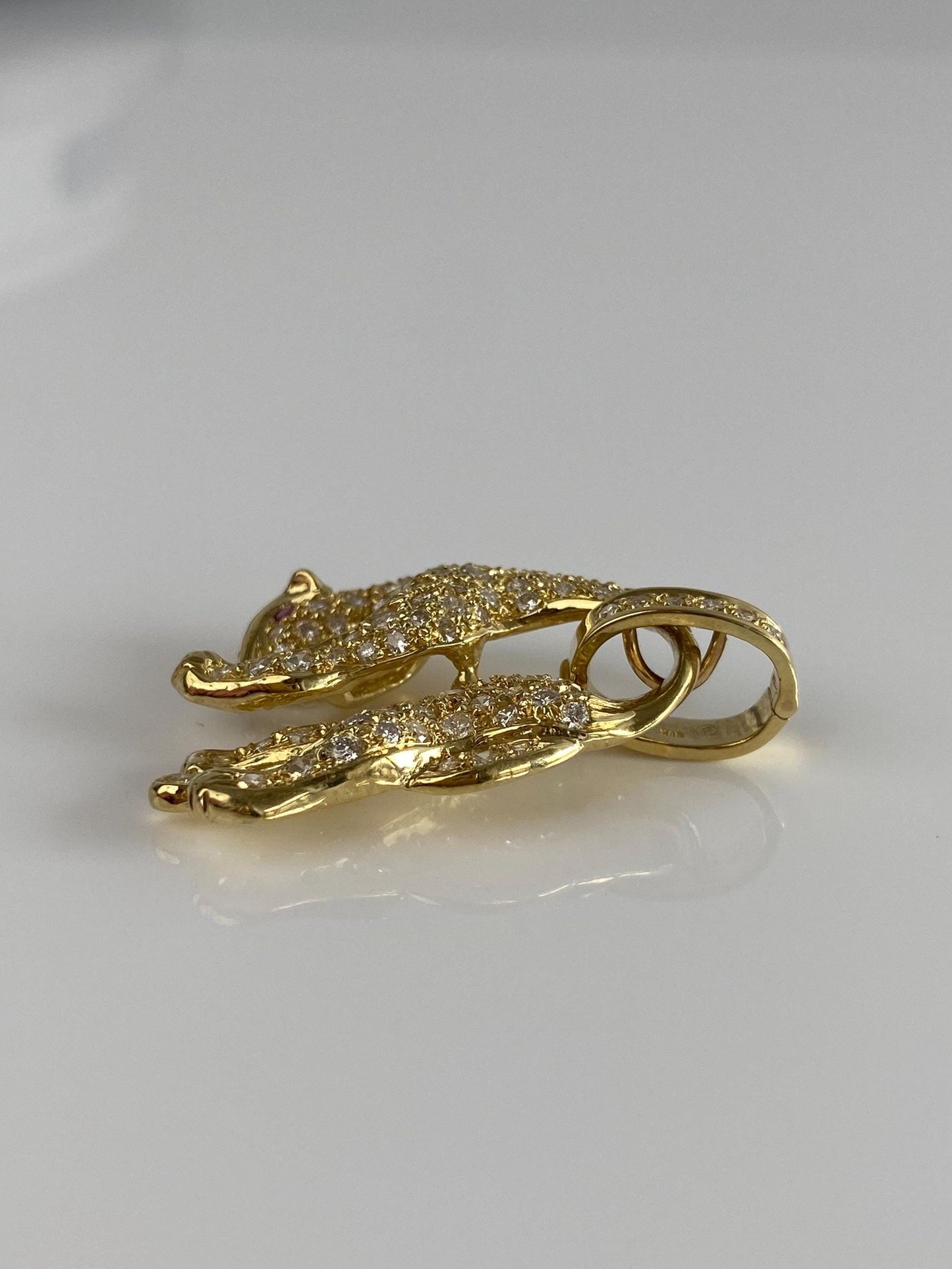 Vintage Solid 14k Yellow Gold Diamond Ruby Hanging Jaguar Charm