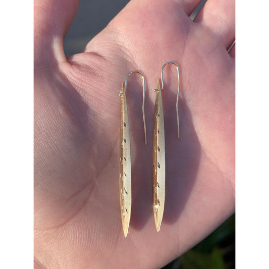 Solid 14k Yellow Gold Diamond Cut Long Leaf Dangle Earrings