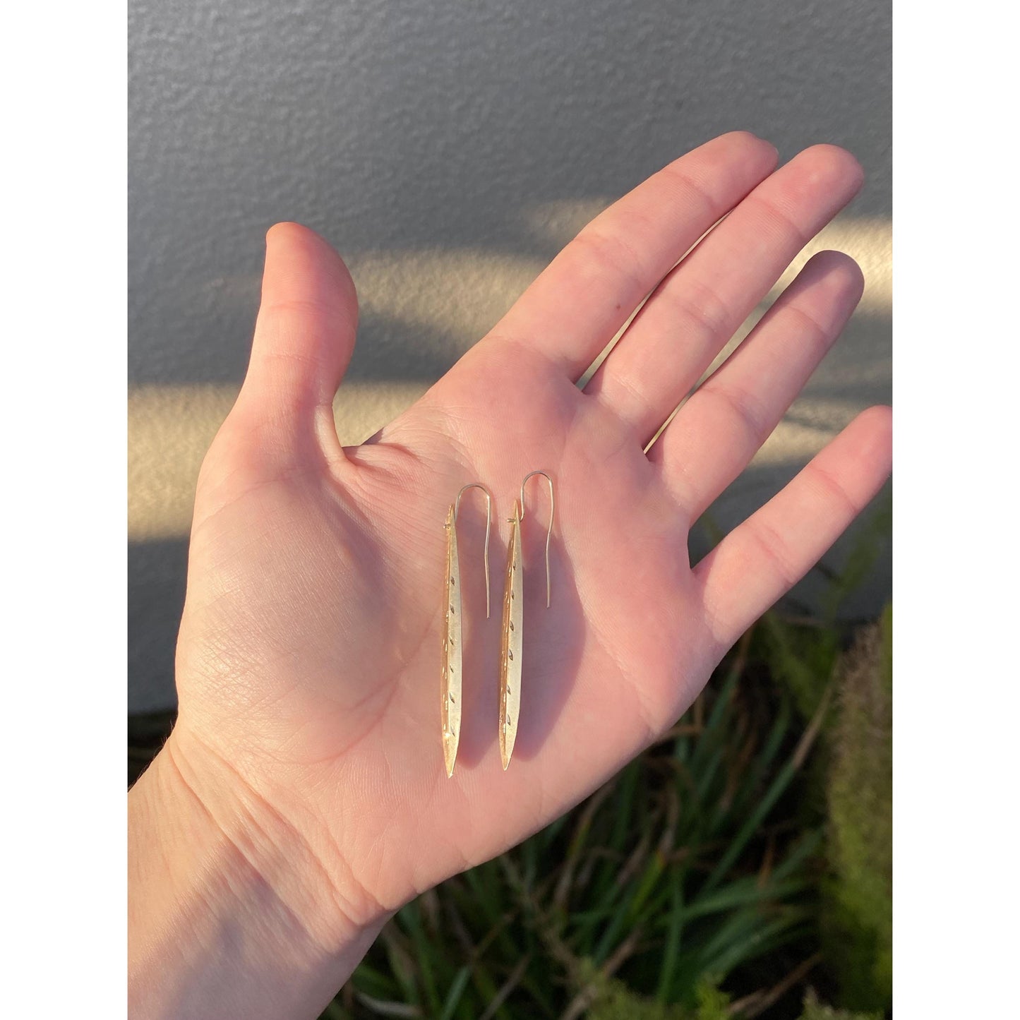 Solid 14k Yellow Gold Diamond Cut Long Leaf Dangle Earrings