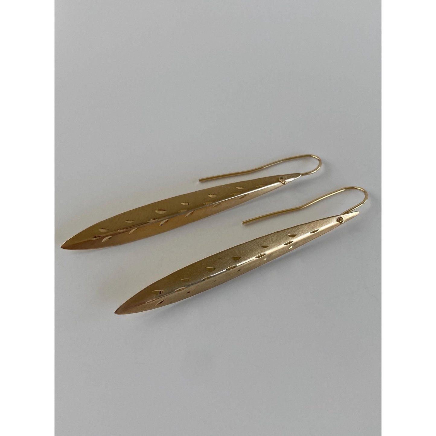 Solid 14k Yellow Gold Diamond Cut Long Leaf Dangle Earrings