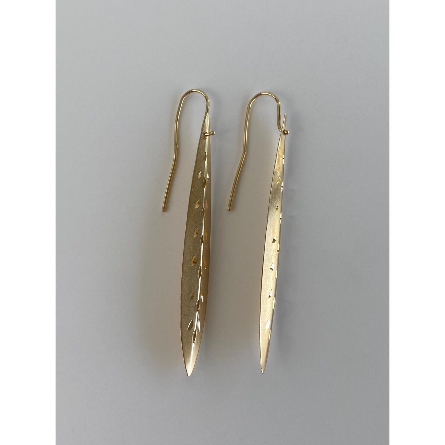 Solid 14k Yellow Gold Diamond Cut Long Leaf Dangle Earrings