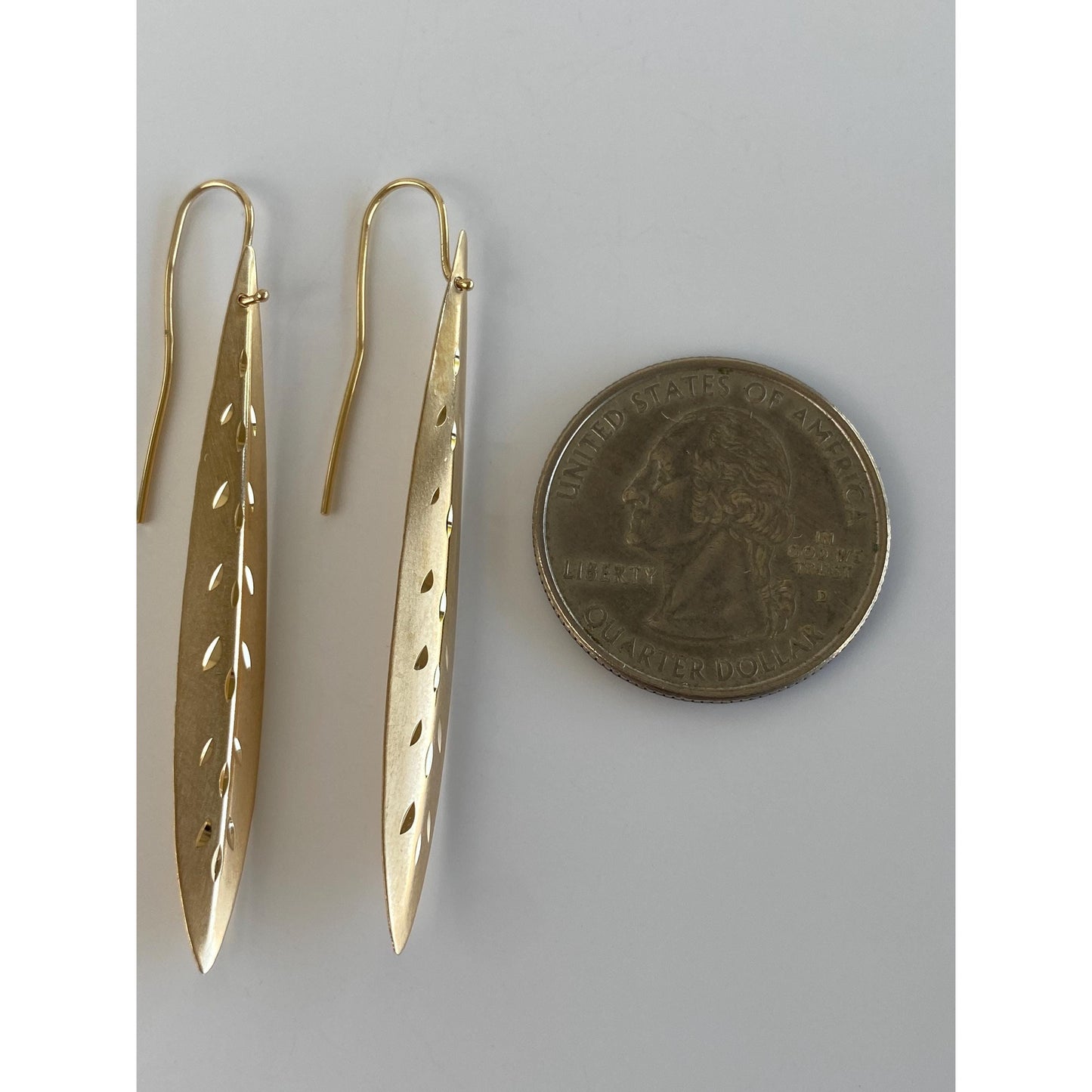 Solid 14k Yellow Gold Diamond Cut Long Leaf Dangle Earrings
