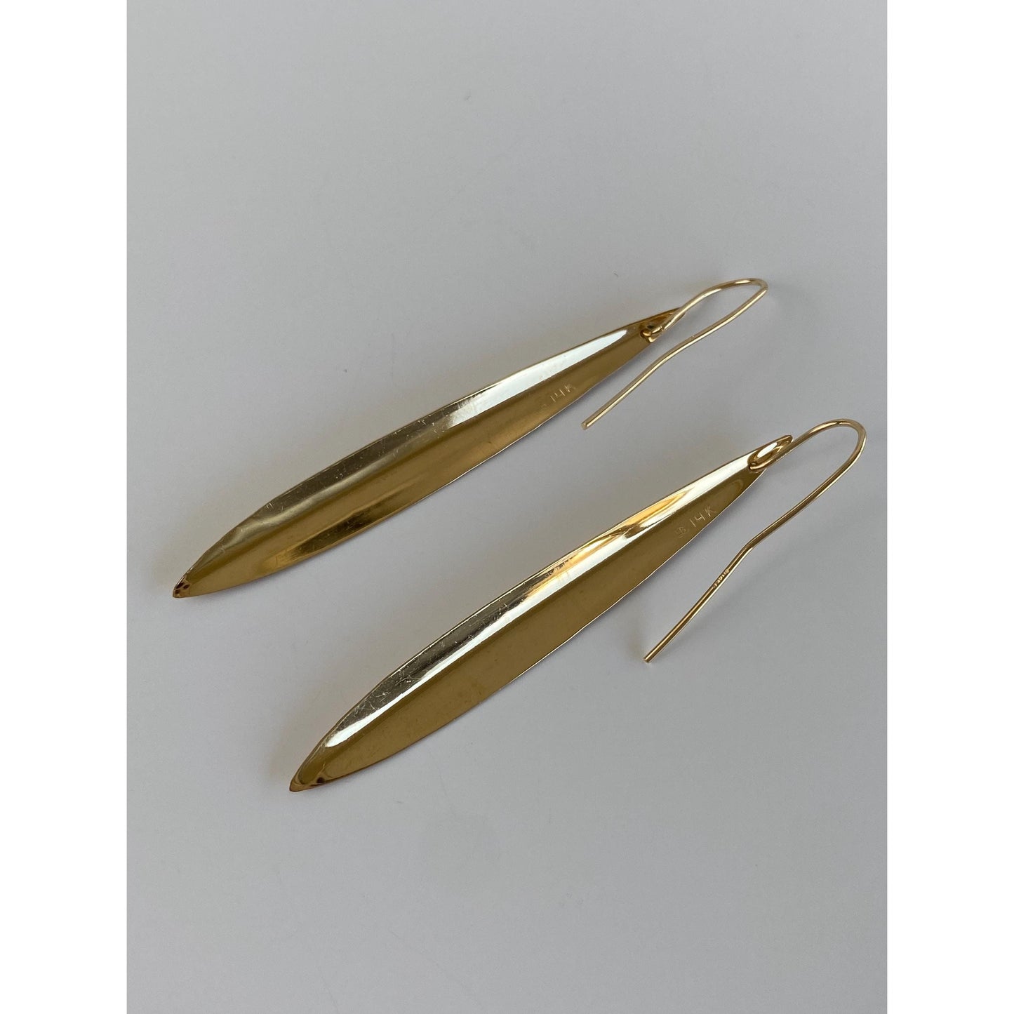 Solid 14k Yellow Gold Diamond Cut Long Leaf Dangle Earrings
