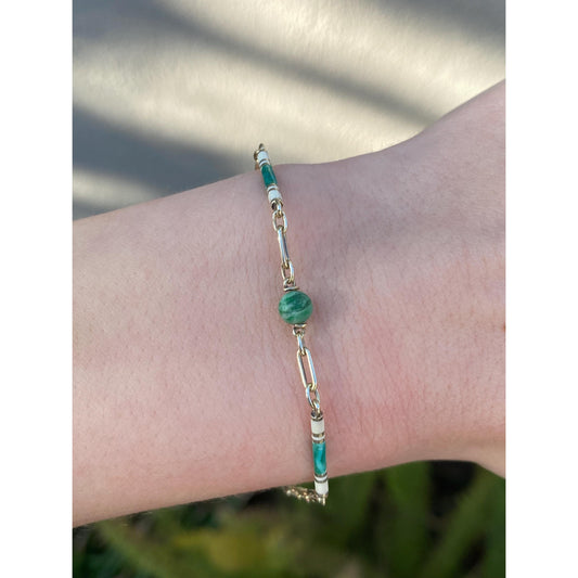 Vintage Solid 14k Yellow Gold White Enamel Malachite Link Chain Bracelet - 7 inches