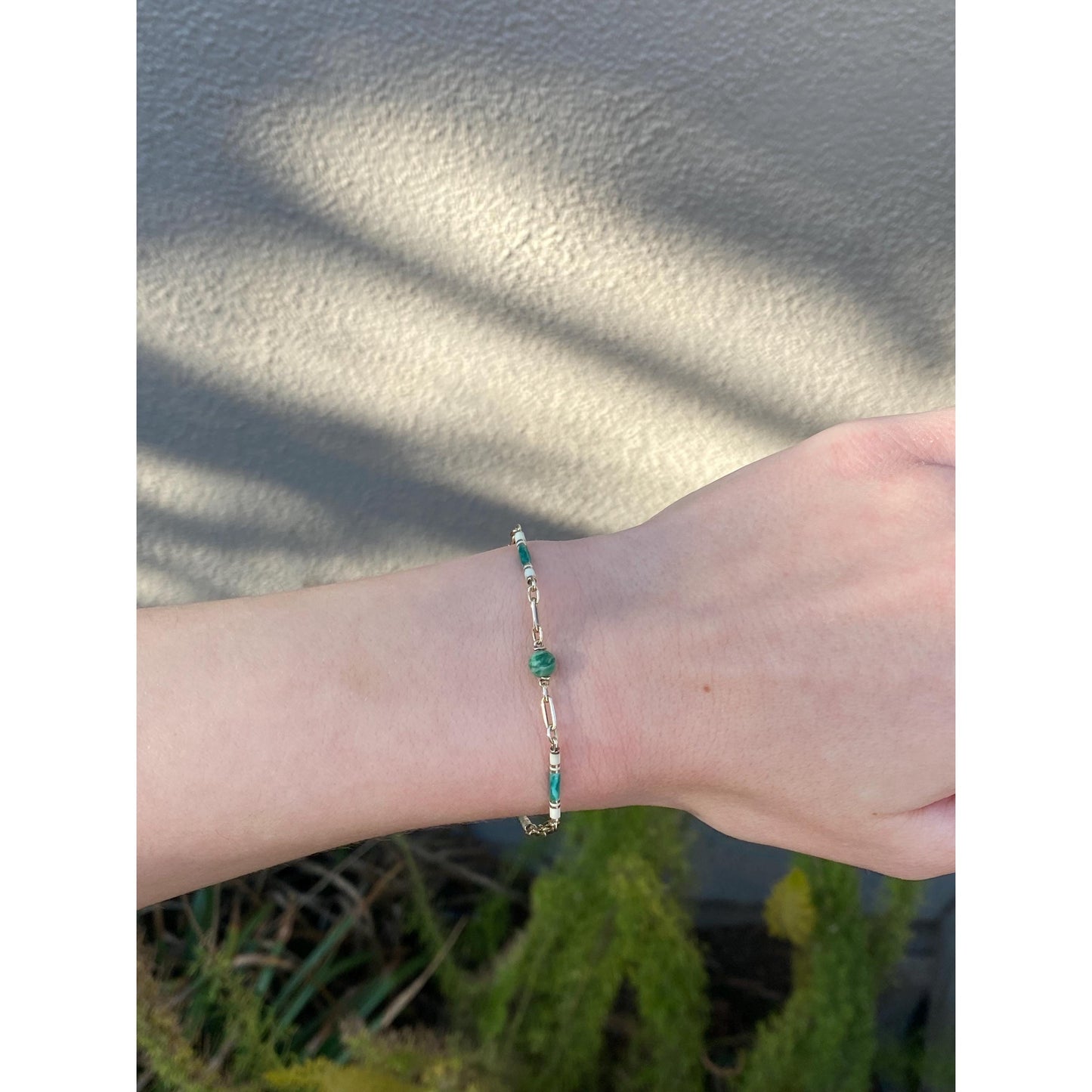 Vintage Solid 14k Yellow Gold White Enamel Malachite Link Chain Bracelet - 7 inches