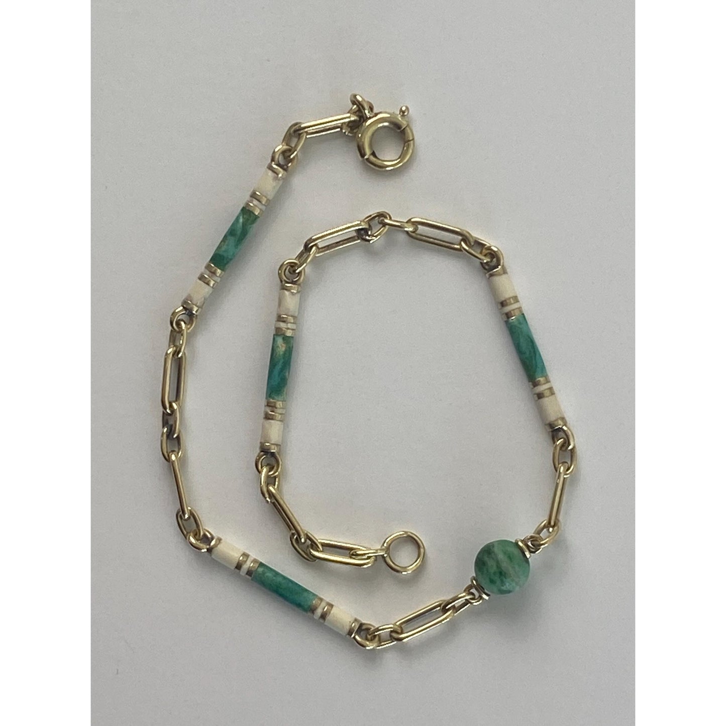 Vintage Solid 14k Yellow Gold White Enamel Malachite Link Chain Bracelet - 7 inches