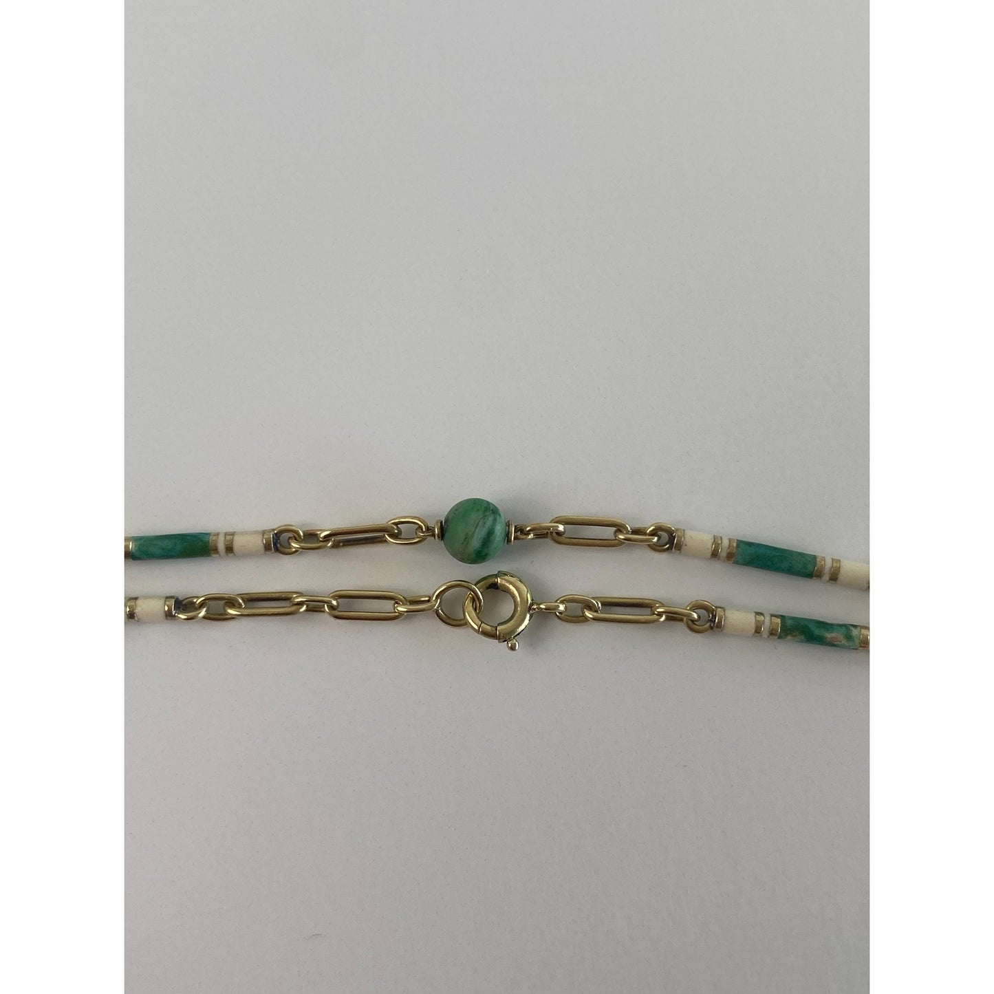 Vintage Solid 14k Yellow Gold White Enamel Malachite Link Chain Bracelet - 7 inches