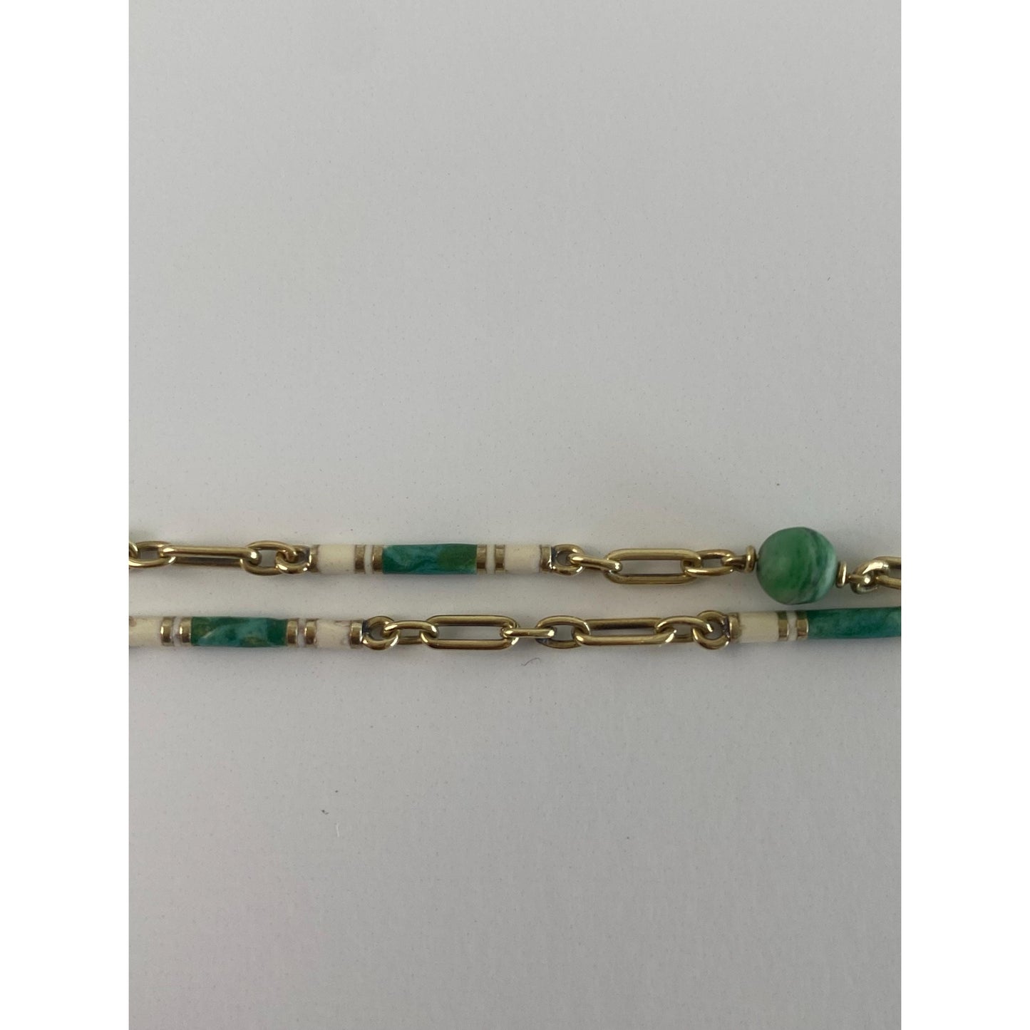 Vintage Solid 14k Yellow Gold White Enamel Malachite Link Chain Bracelet - 7 inches