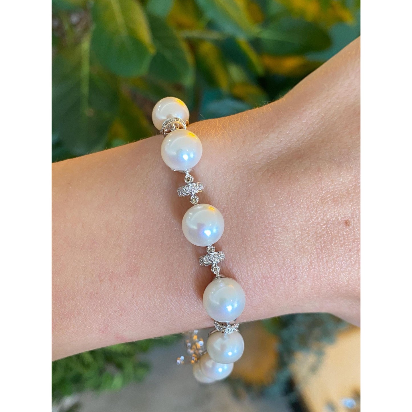 Vintage Solid 14k White Gold Clear Sapphire Pearl Bracelet - 8 inches