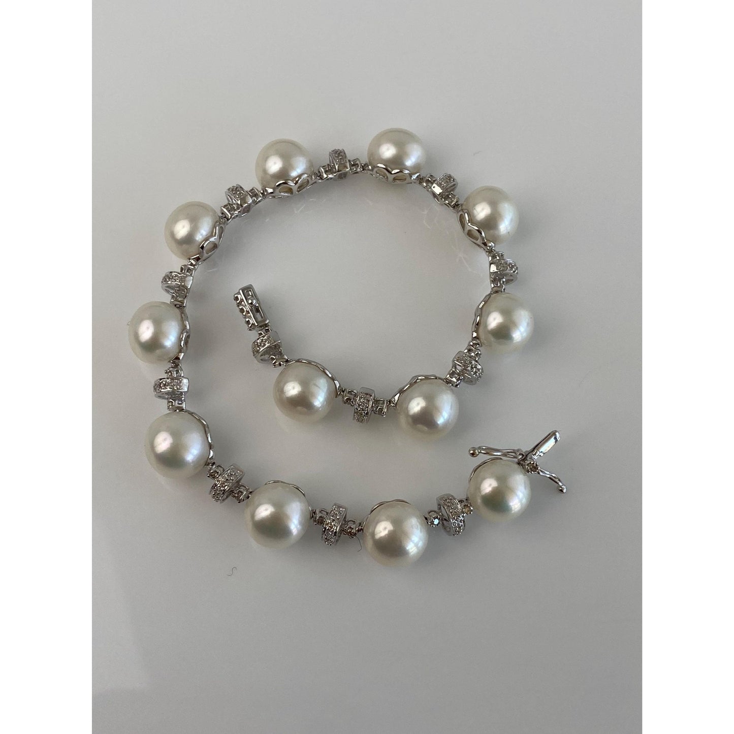 Vintage Solid 14k White Gold Clear Sapphire Pearl Bracelet - 8 inches
