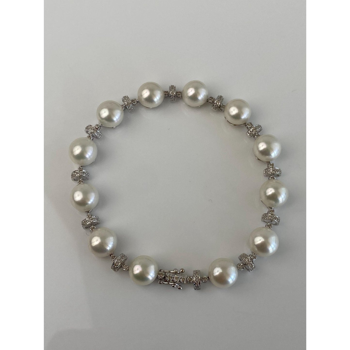 Vintage Solid 14k White Gold Clear Sapphire Pearl Bracelet - 8 inches
