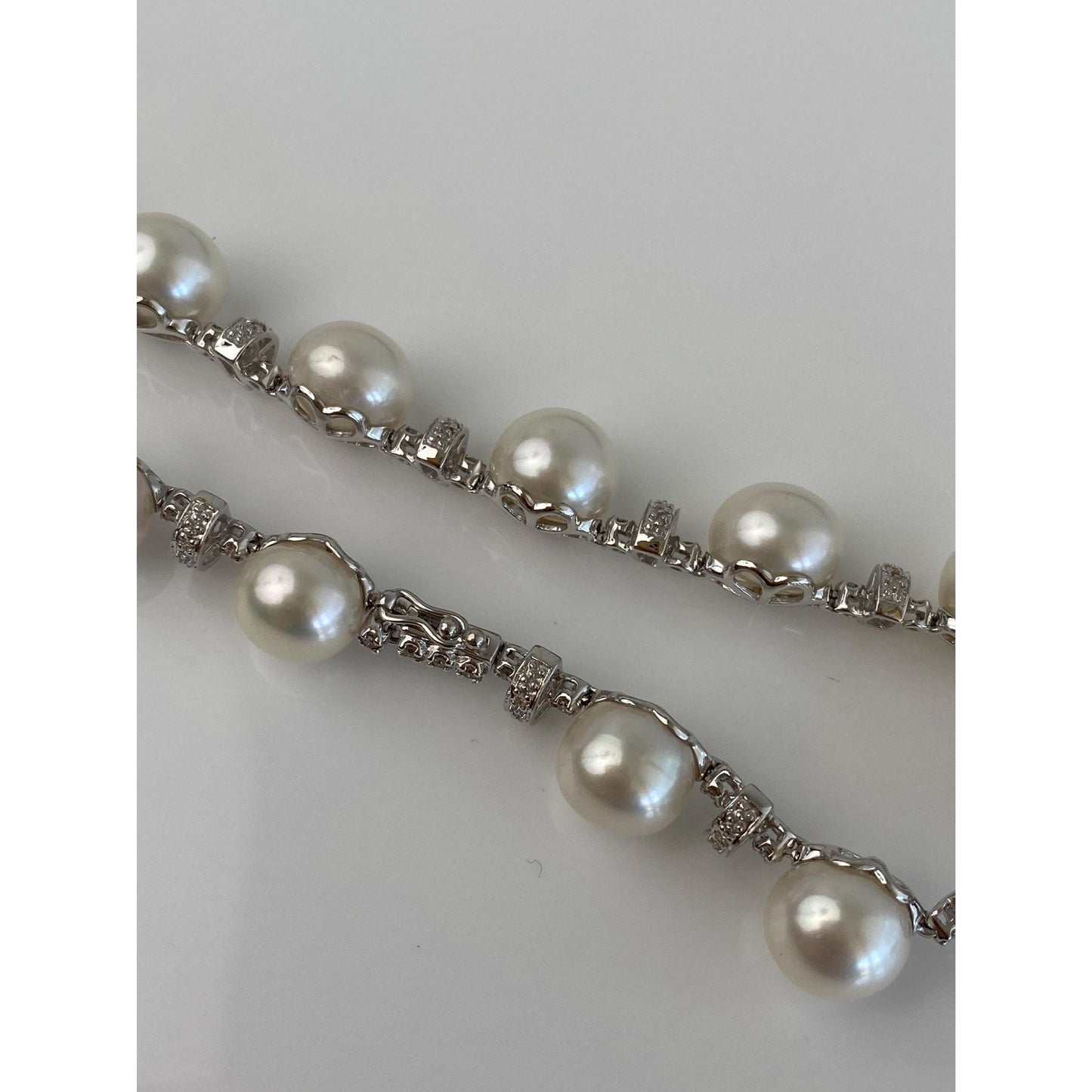 Vintage Solid 14k White Gold Clear Sapphire Pearl Bracelet - 8 inches