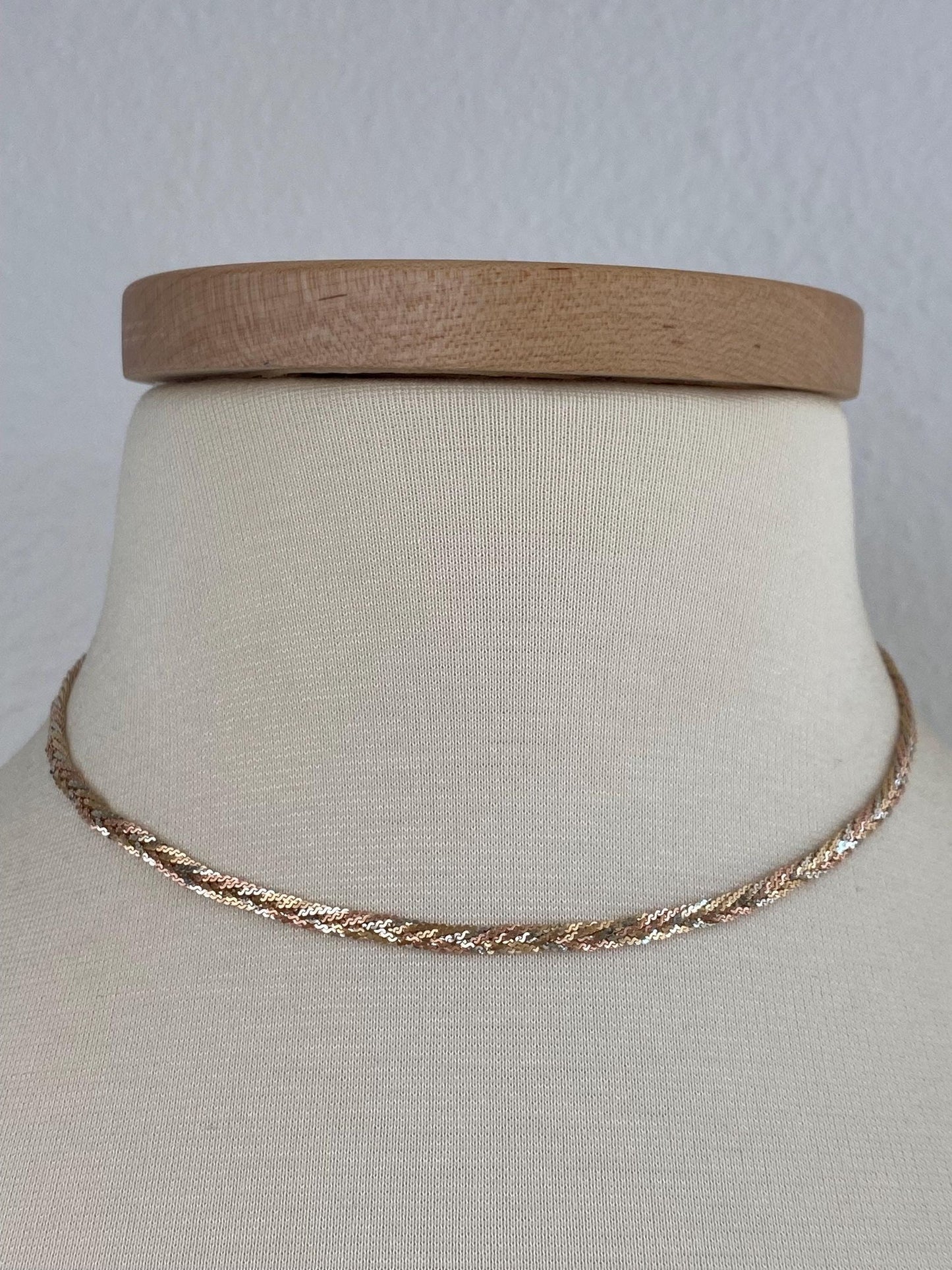 Vintage Solid 14k Tri Tone Long Braided Serpentine Chain Necklace - 16 inches