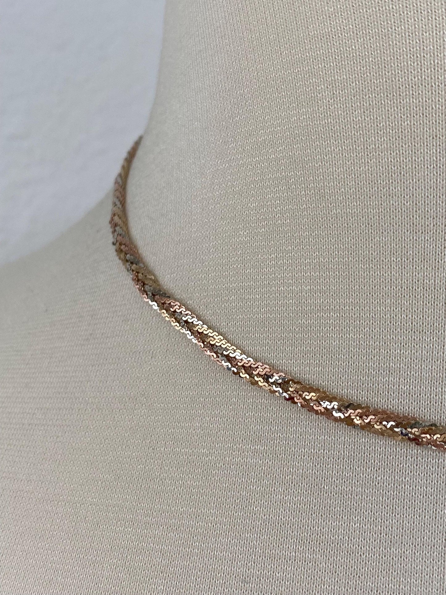 Vintage Solid 14k Tri Tone Long Braided Serpentine Chain Necklace - 16 inches