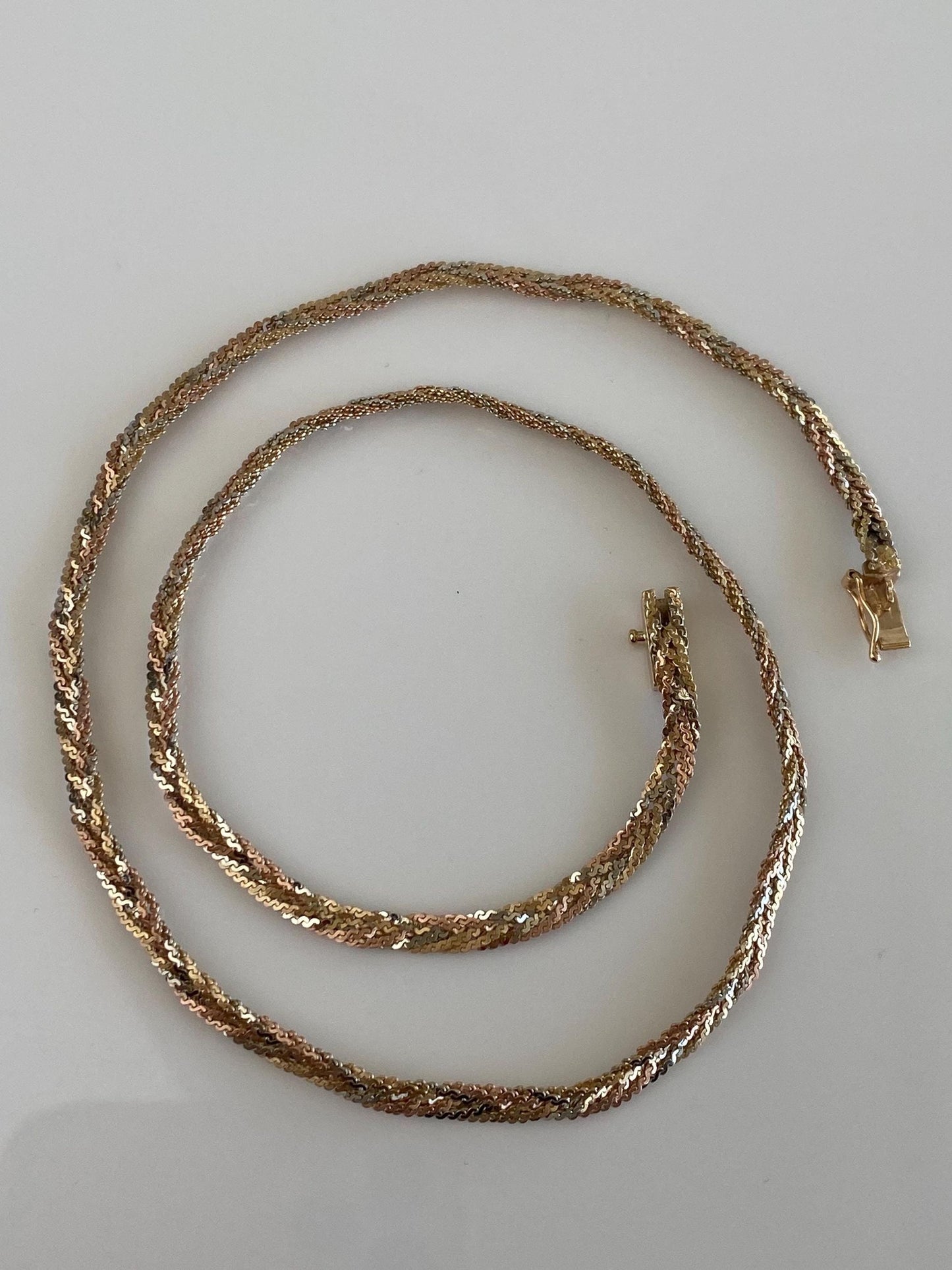 Vintage Solid 14k Tri Tone Long Braided Serpentine Chain Necklace - 16 inches