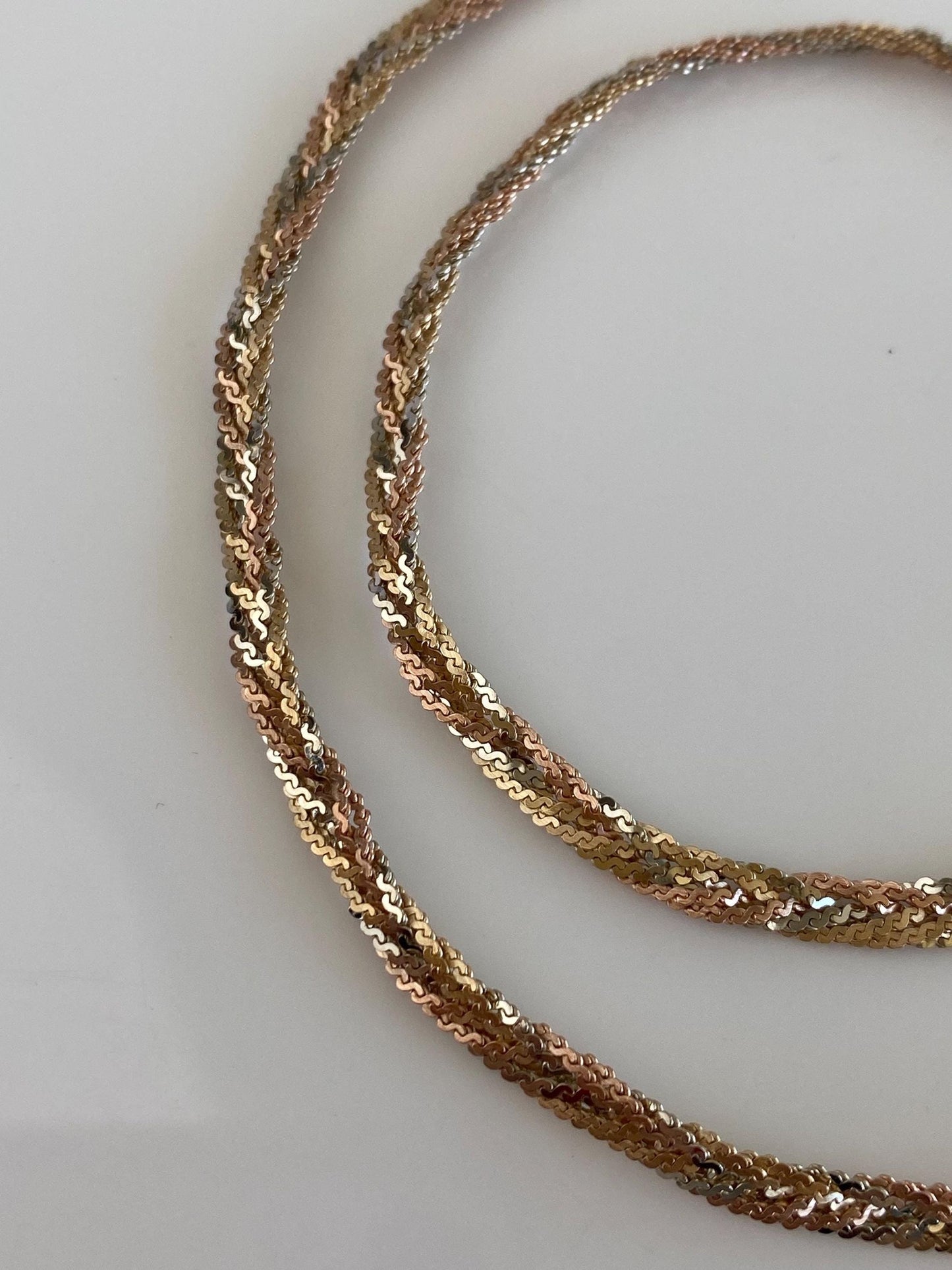 Vintage Solid 14k Tri Tone Long Braided Serpentine Chain Necklace - 16 inches