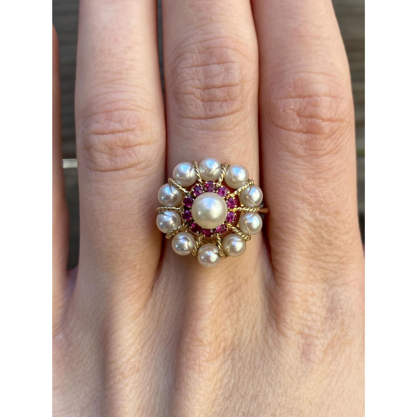 Vintage Solid 18k Yellow Gold Pink Spinel Pearl Cocktail Ring - Size 6.5