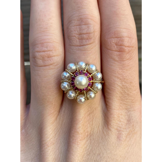 Vintage Solid 18k Yellow Gold Pink Spinel Pearl Cocktail Ring - Size 6.5