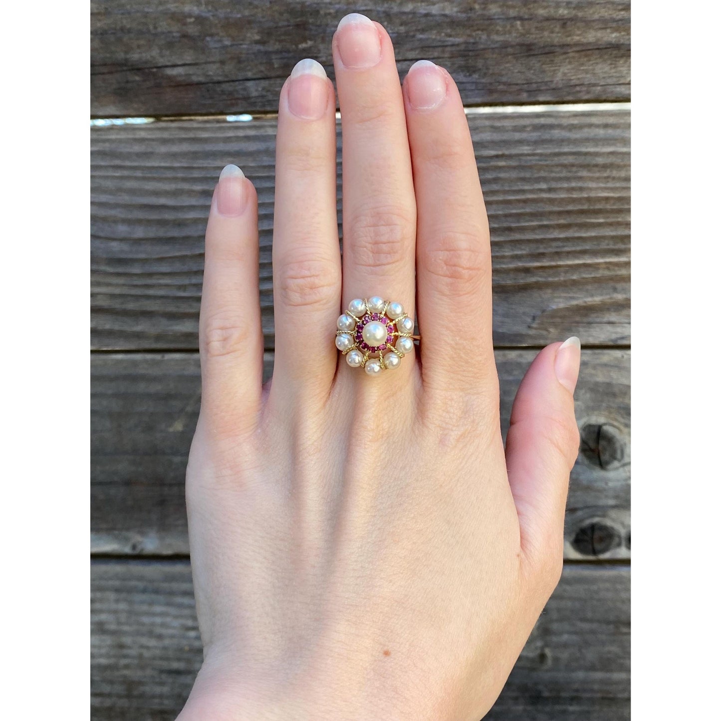 Vintage Solid 18k Yellow Gold Pink Spinel Pearl Cocktail Ring - Size 6.5