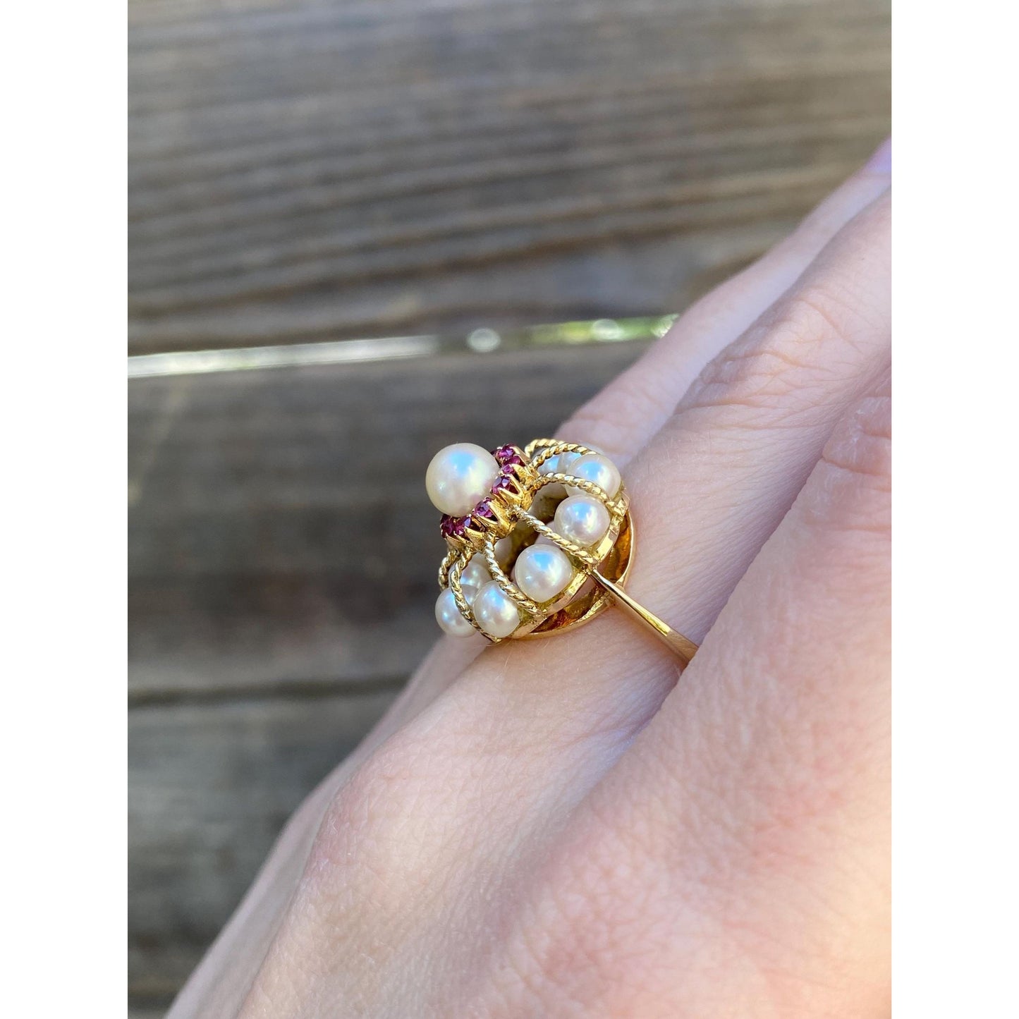 Vintage Solid 18k Yellow Gold Pink Spinel Pearl Cocktail Ring - Size 6.5