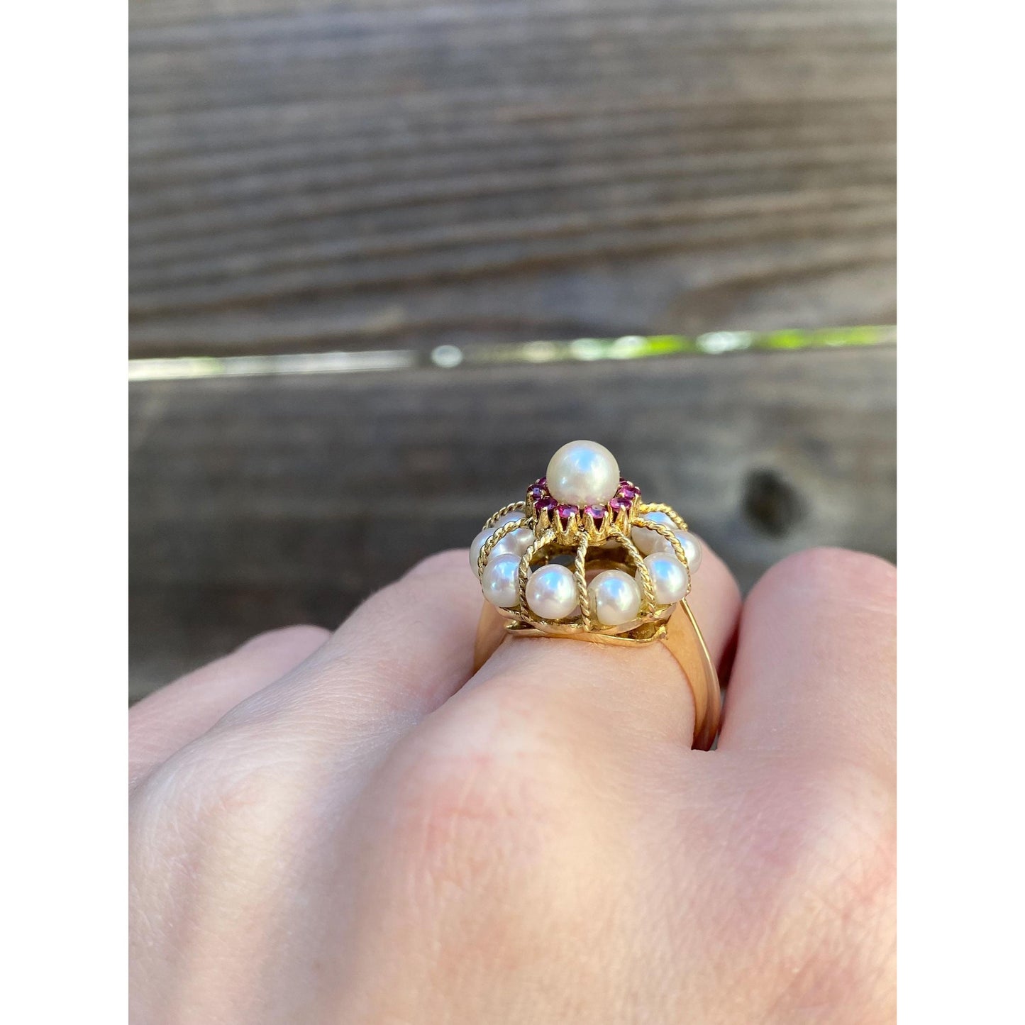 Vintage Solid 18k Yellow Gold Pink Spinel Pearl Cocktail Ring - Size 6.5