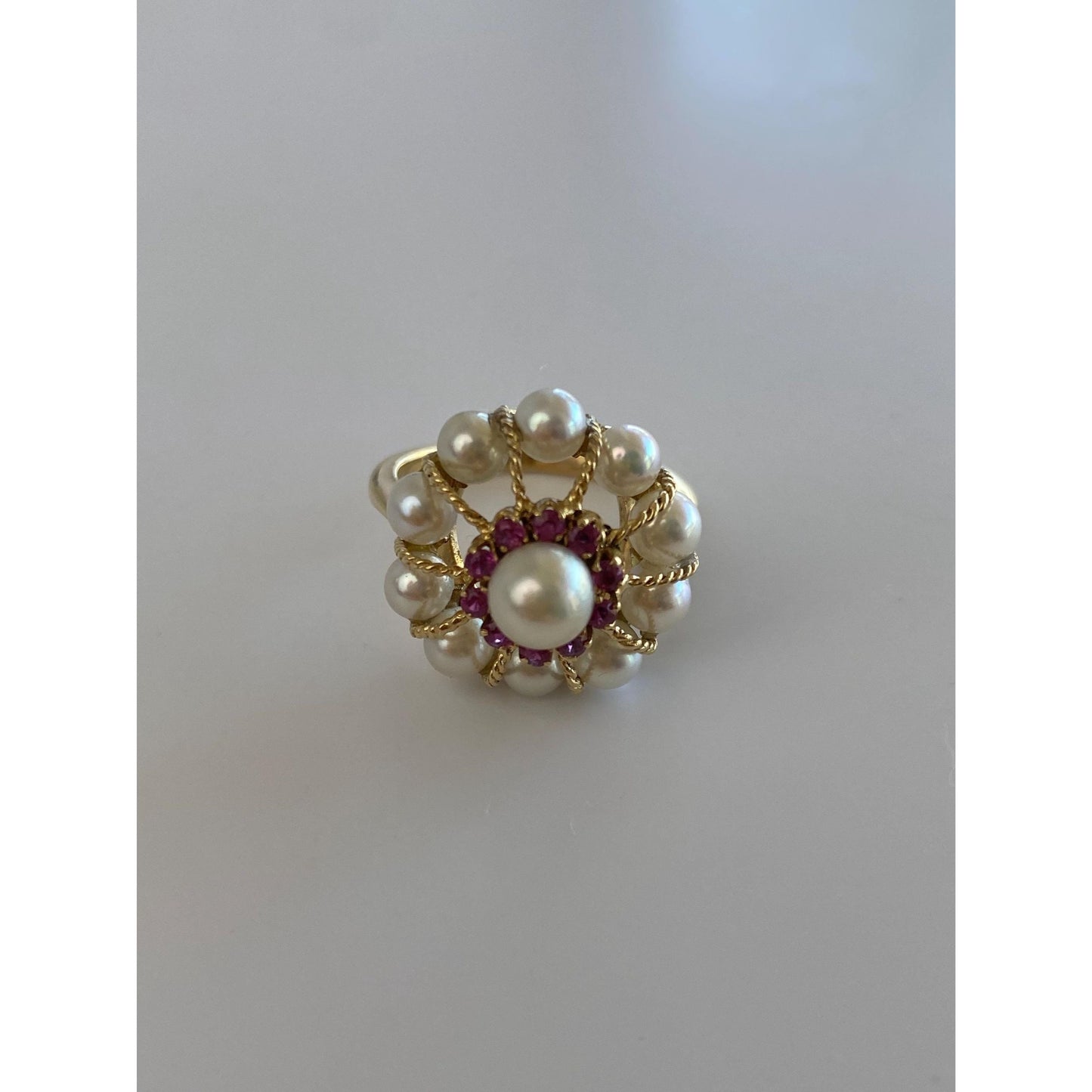Vintage Solid 18k Yellow Gold Pink Spinel Pearl Cocktail Ring - Size 6.5