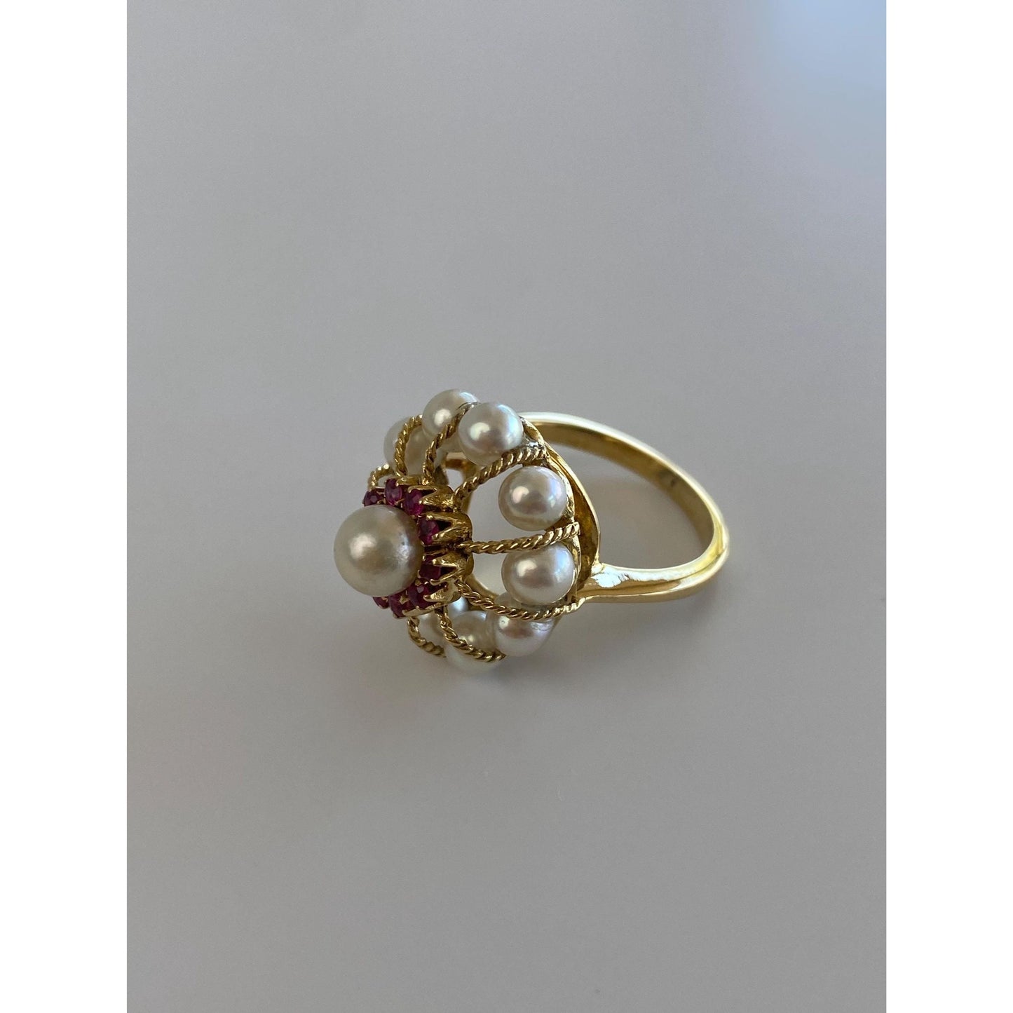 Vintage Solid 18k Yellow Gold Pink Spinel Pearl Cocktail Ring - Size 6.5