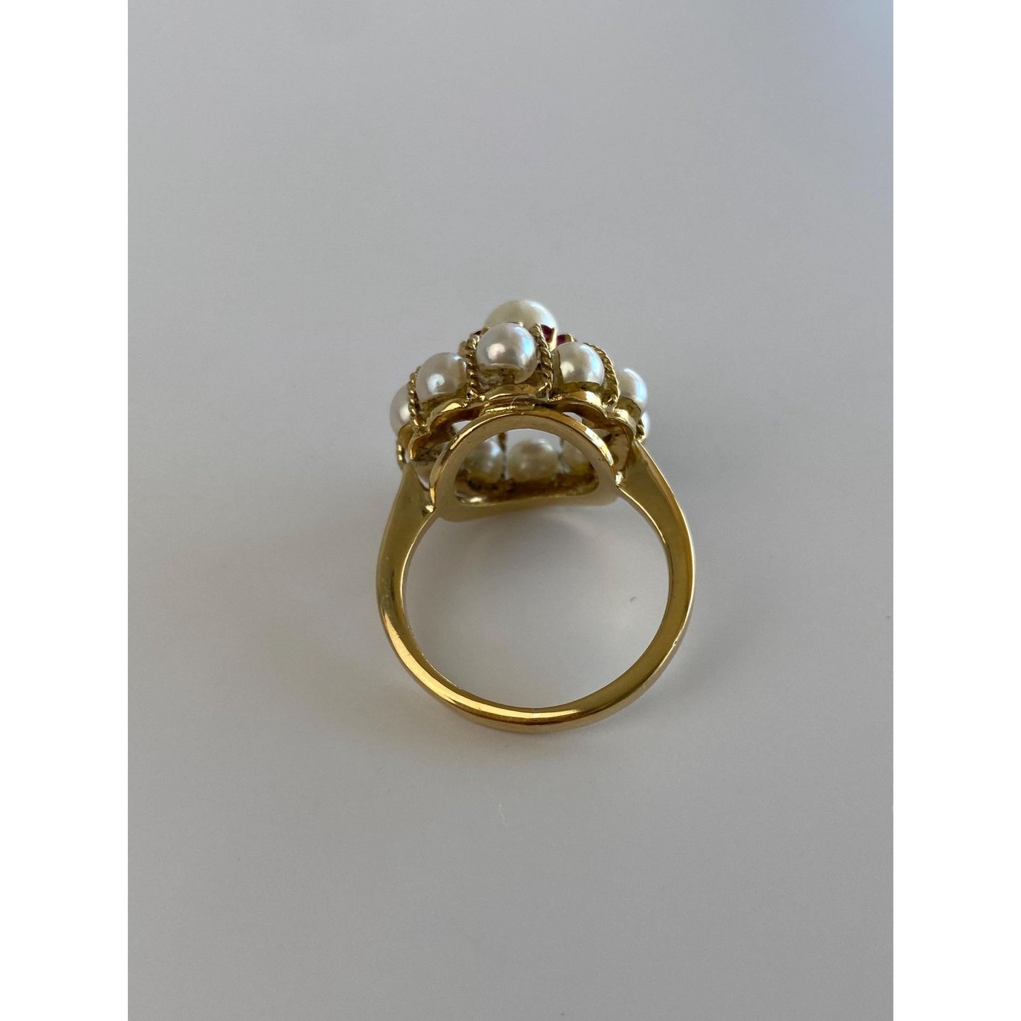 Vintage Solid 18k Yellow Gold Pink Spinel Pearl Cocktail Ring - Size 6.5