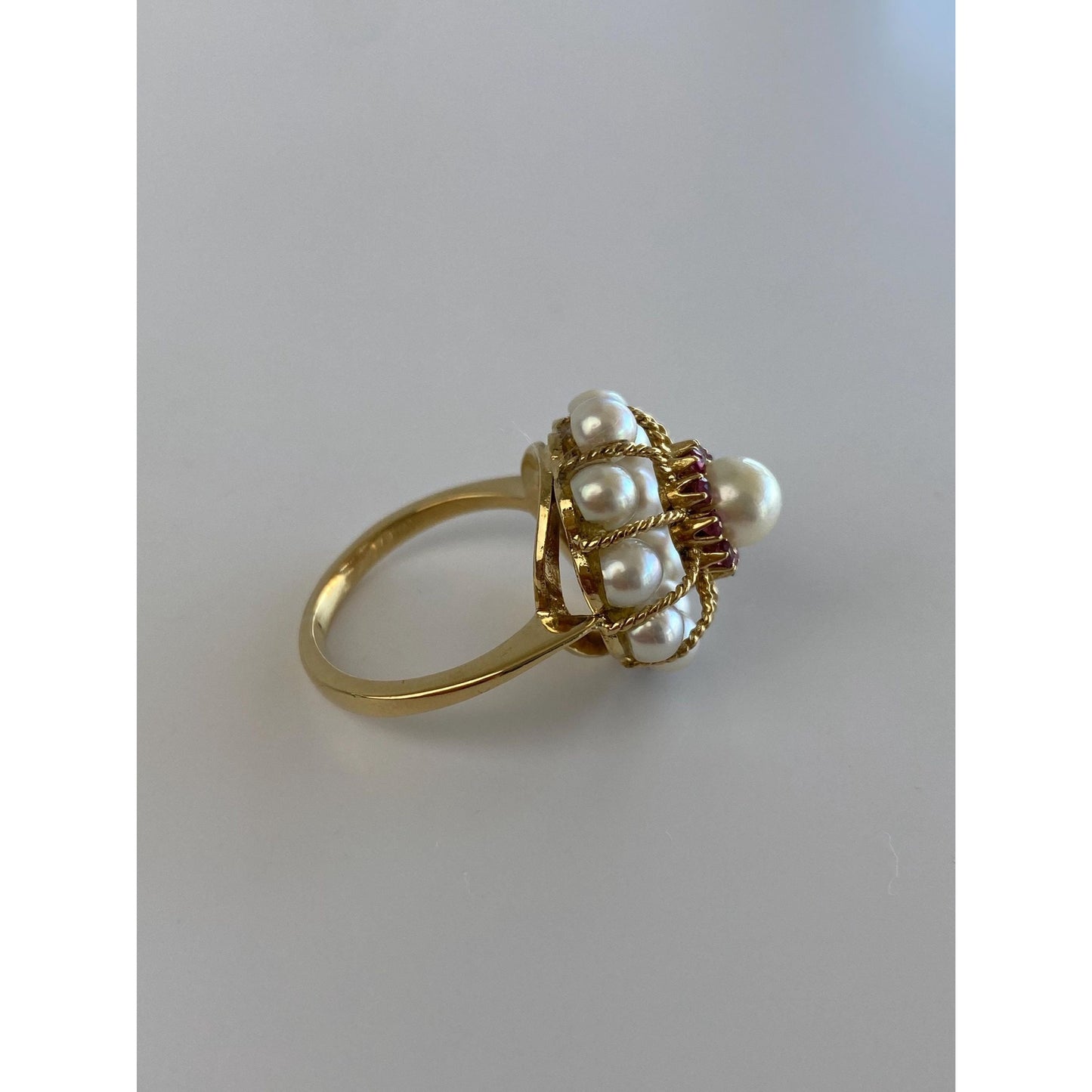 Vintage Solid 18k Yellow Gold Pink Spinel Pearl Cocktail Ring - Size 6.5