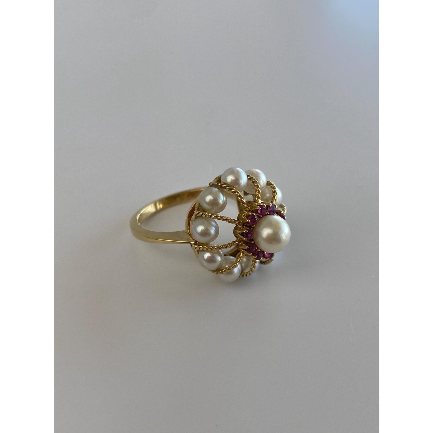 Vintage Solid 18k Yellow Gold Pink Spinel Pearl Cocktail Ring - Size 6.5