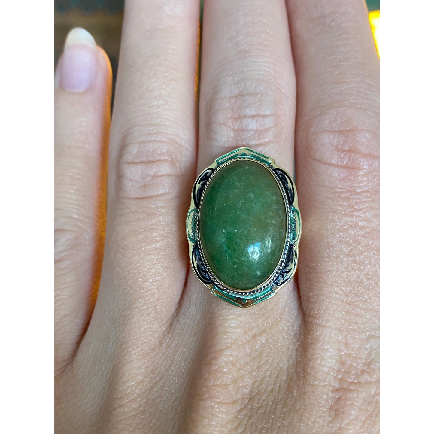 Vintage Solid 14k Yellow Gold Jade & Enamel Ring - Size 5.25 - Fine Estate Jewelry - Real Genuine Gold